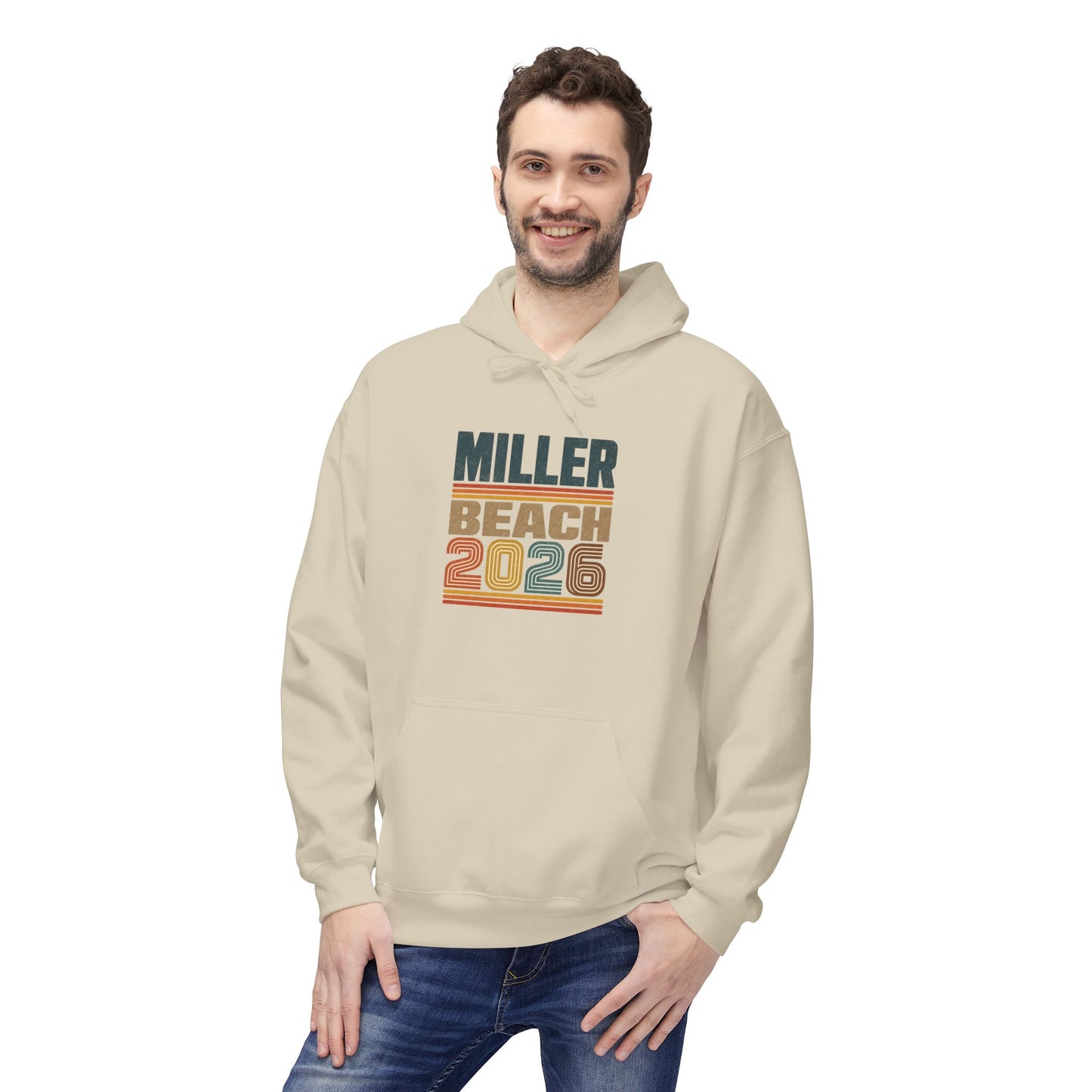Miller Beach 2026 Retro Hoodie — Vintage Striped Vacation Pullover