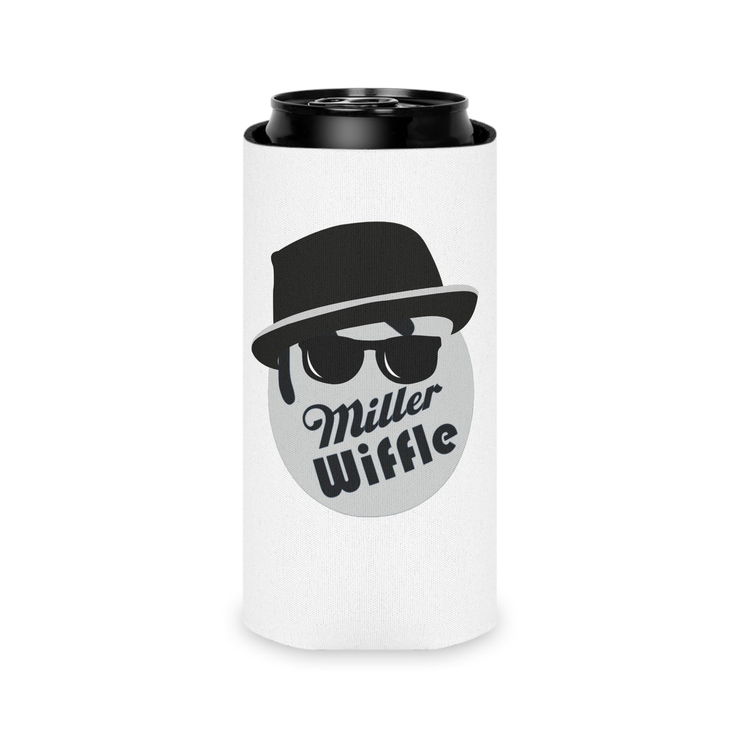 Image of the Printify Miller Wiffle Ball - Blues Brothers Koozie Can Cooler, showcasing a white can koozie with a stylized illustration of a circular face wearing a black fedora and sunglasses, reminiscent of the Blues Brothers, alongside the text "Miller Wiffle." The bottom of the cooler features "SOCOOLSHIRTS.COM" in blue and red.