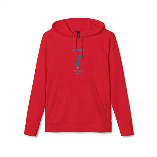 The Just the Tip - Miller Beach - Adidas® Unisex Fleece Hoodie by Printify provides cozy comfort with its modest blue graphic centrally placed on a red design. This sustainable hoodie features long sleeves and a hood, complemented by a practical front pocket, all showcased against a simple white backdrop.