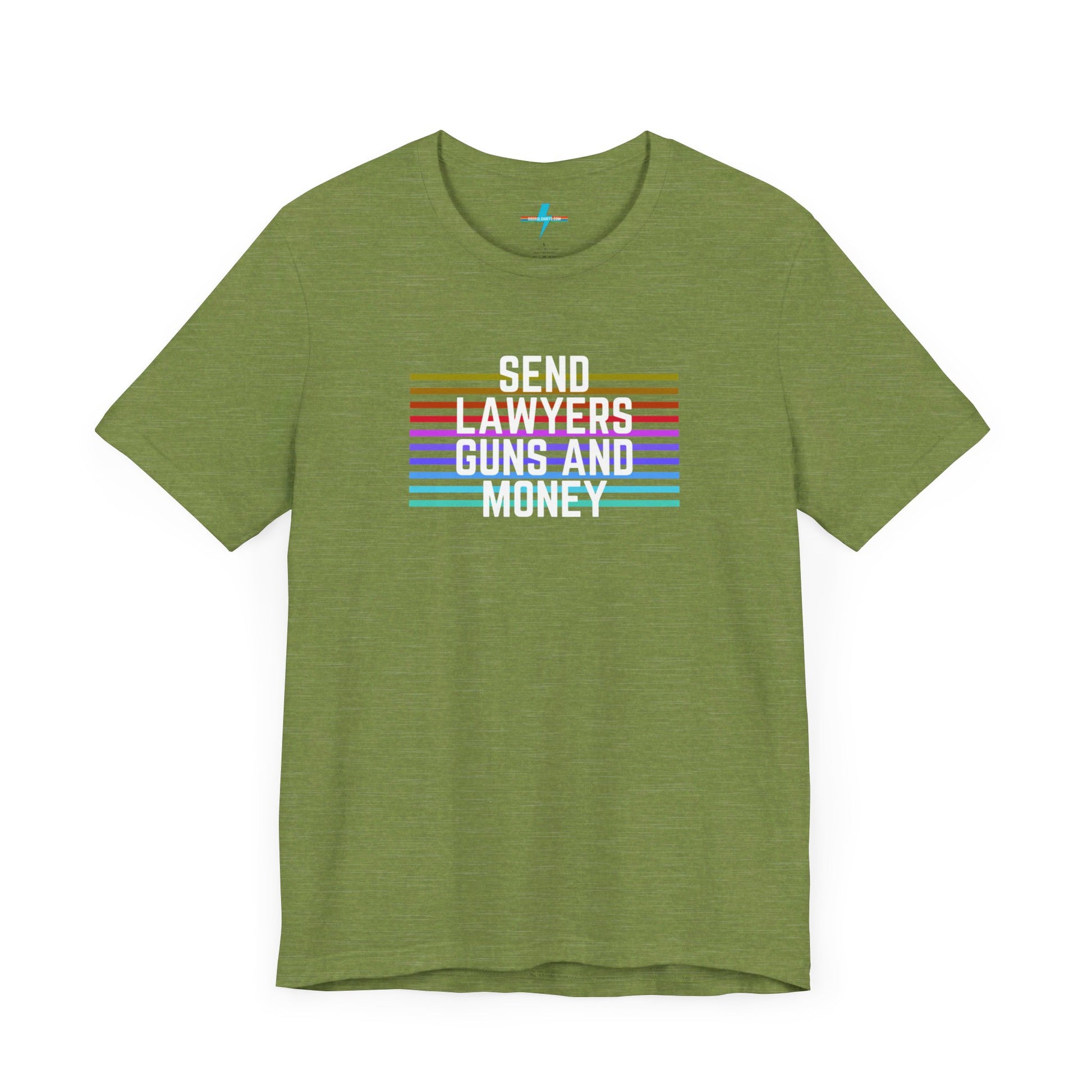 A folded Send Lawyers, Guns, and Money - Retro - Unisex Jersey Short Sleeve Tee by Printify, featuring colorful horizontal stripes and bold white text reading "SEND LAWYERS GUNS AND MONEY" in the center, as a classy tribute to Warren Zevon.