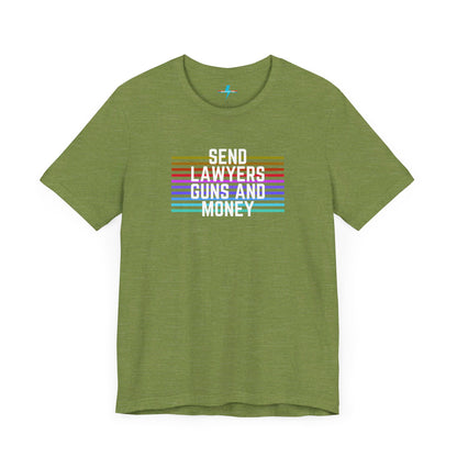 A folded Send Lawyers, Guns, and Money - Retro - Unisex Jersey Short Sleeve Tee by Printify, featuring colorful horizontal stripes and bold white text reading "SEND LAWYERS GUNS AND MONEY" in the center, as a classy tribute to Warren Zevon.