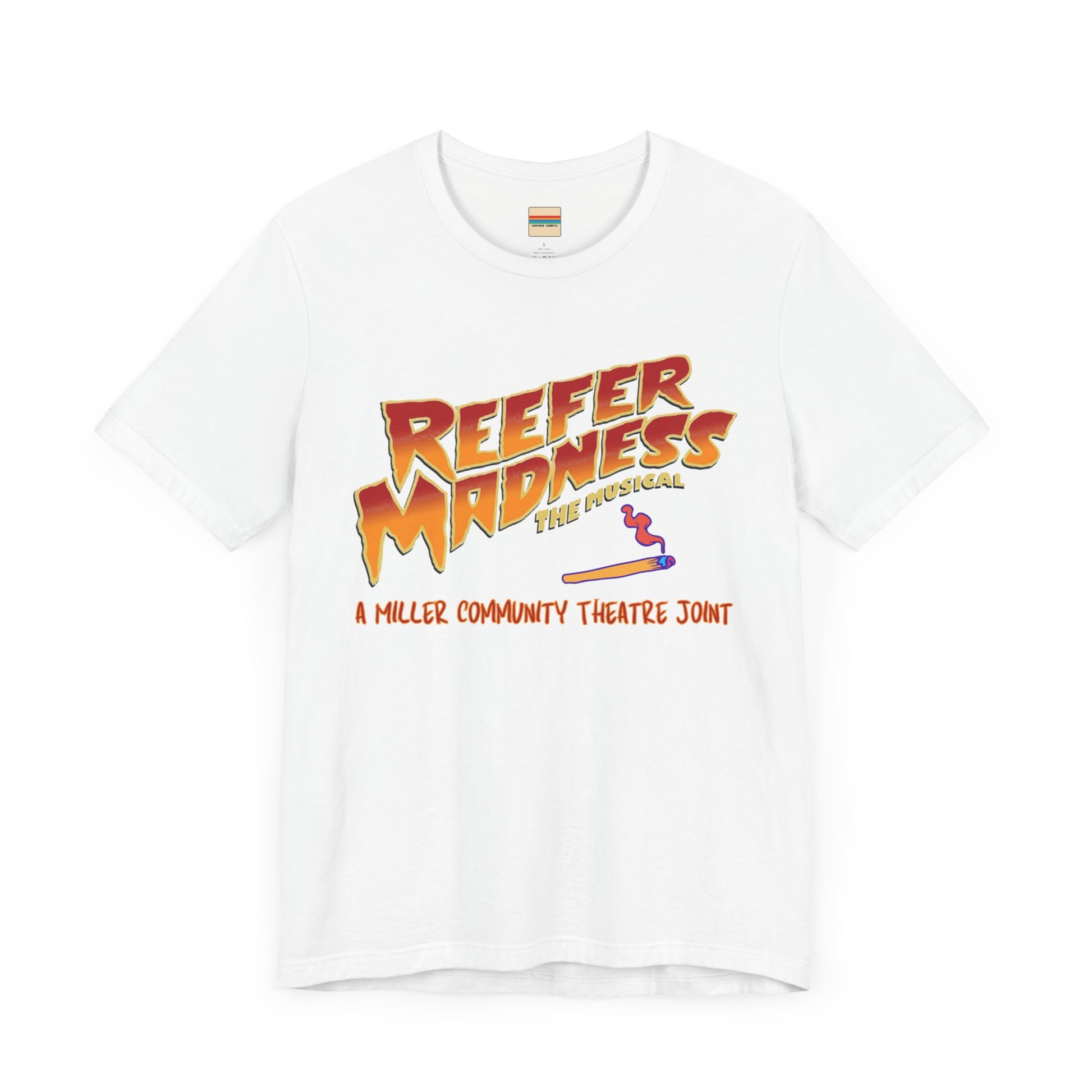 The Miller Community Theatre - Reefer Madness Cast and Crew Shirt by Printify showcases a vibrant design featuring bold, colorful text that reads "Reefer Madness The Musical" with a cartoon joint illustration. Below the main text, "A Miller Community Theatre Joint" is highlighted in red. This limited-edition green t-shirt, with its centered design, is perfect for cast and crew members.