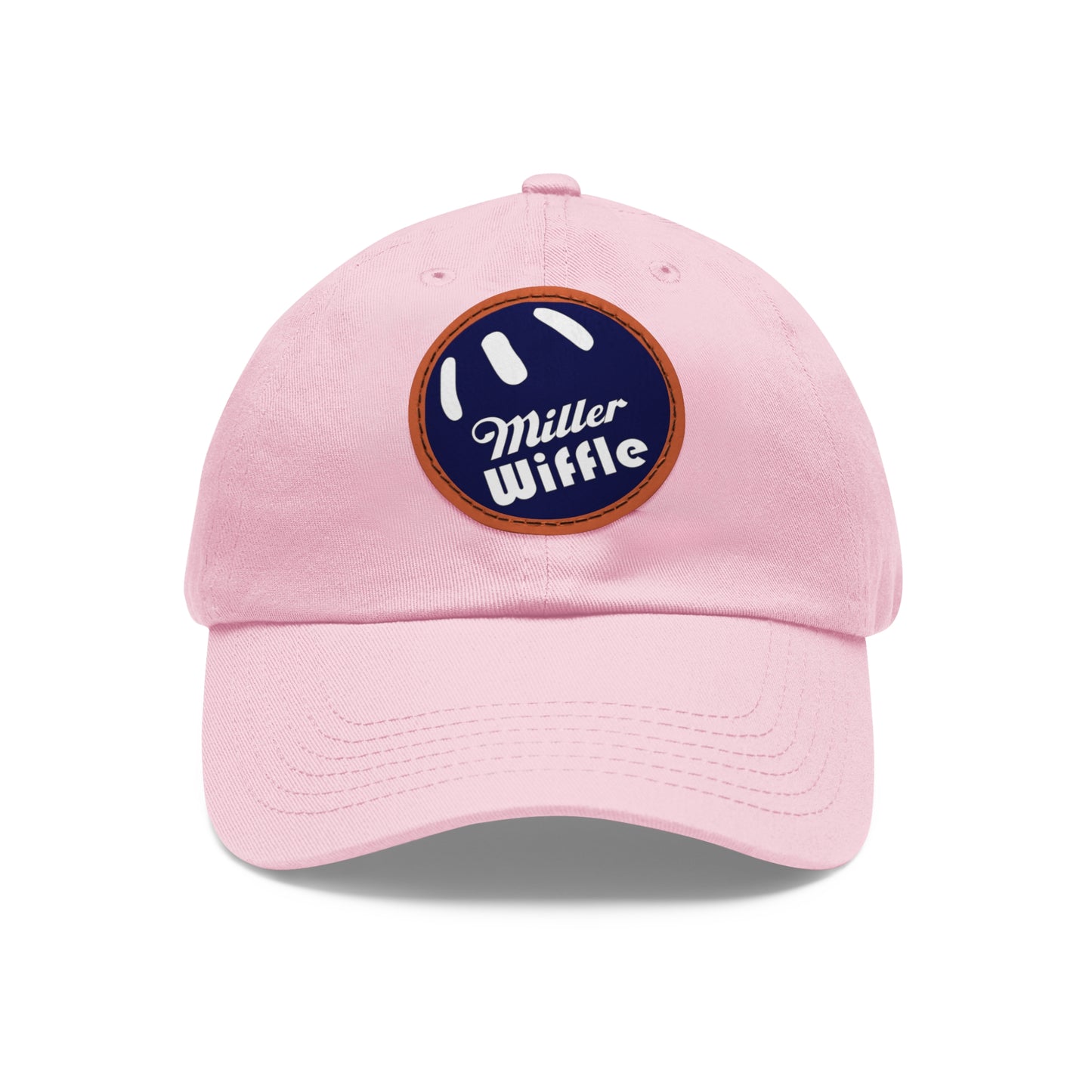 A gray dad hat by Printify, crafted from bio-washed chino twill, featuring a circular blue and white leather patch on the front. The patch showcases a baseball design with "Miller Wiffle" written in cursive font.