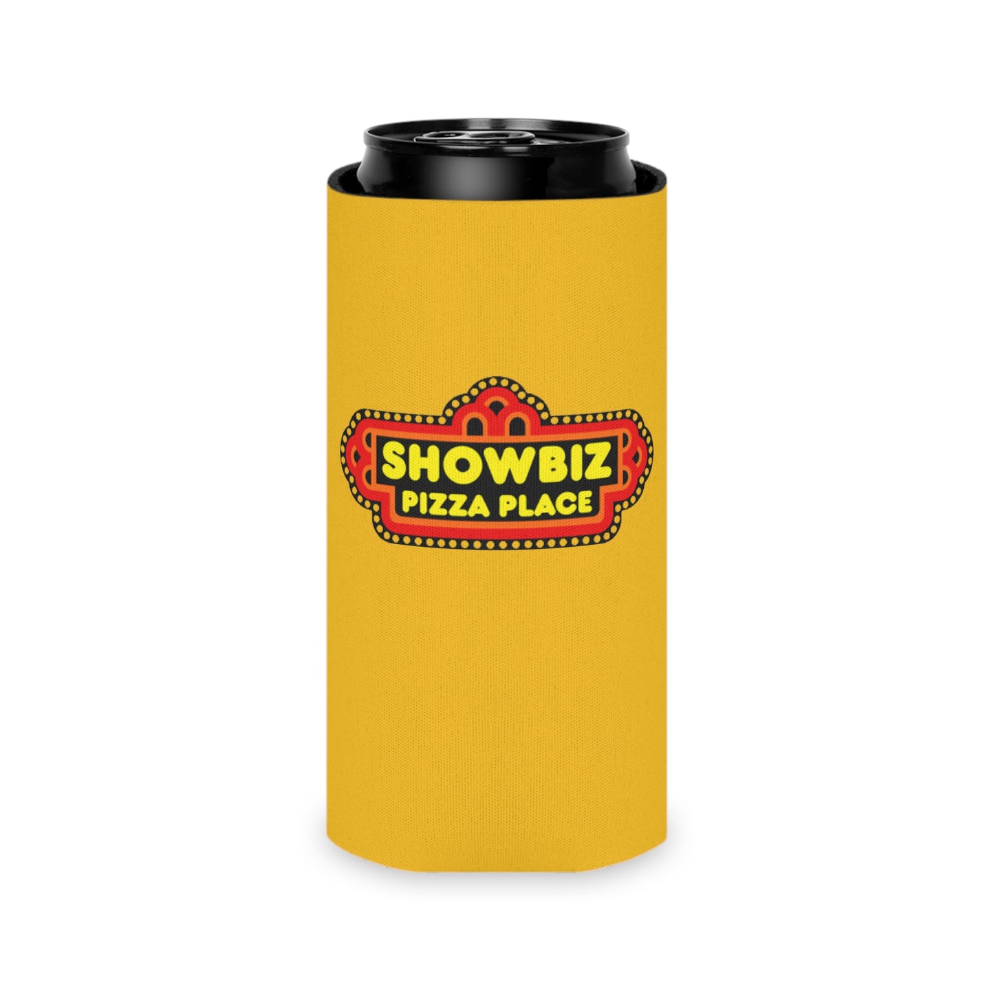 A retro-inspired koozie from Printify, named "Showbiz Pizza Place - Koozie," showcases a bold "Showbiz Pizza Place" logo with a red and black marquee design on a yellow background. The bottom features a small blue logo for "socoolshirts.com.