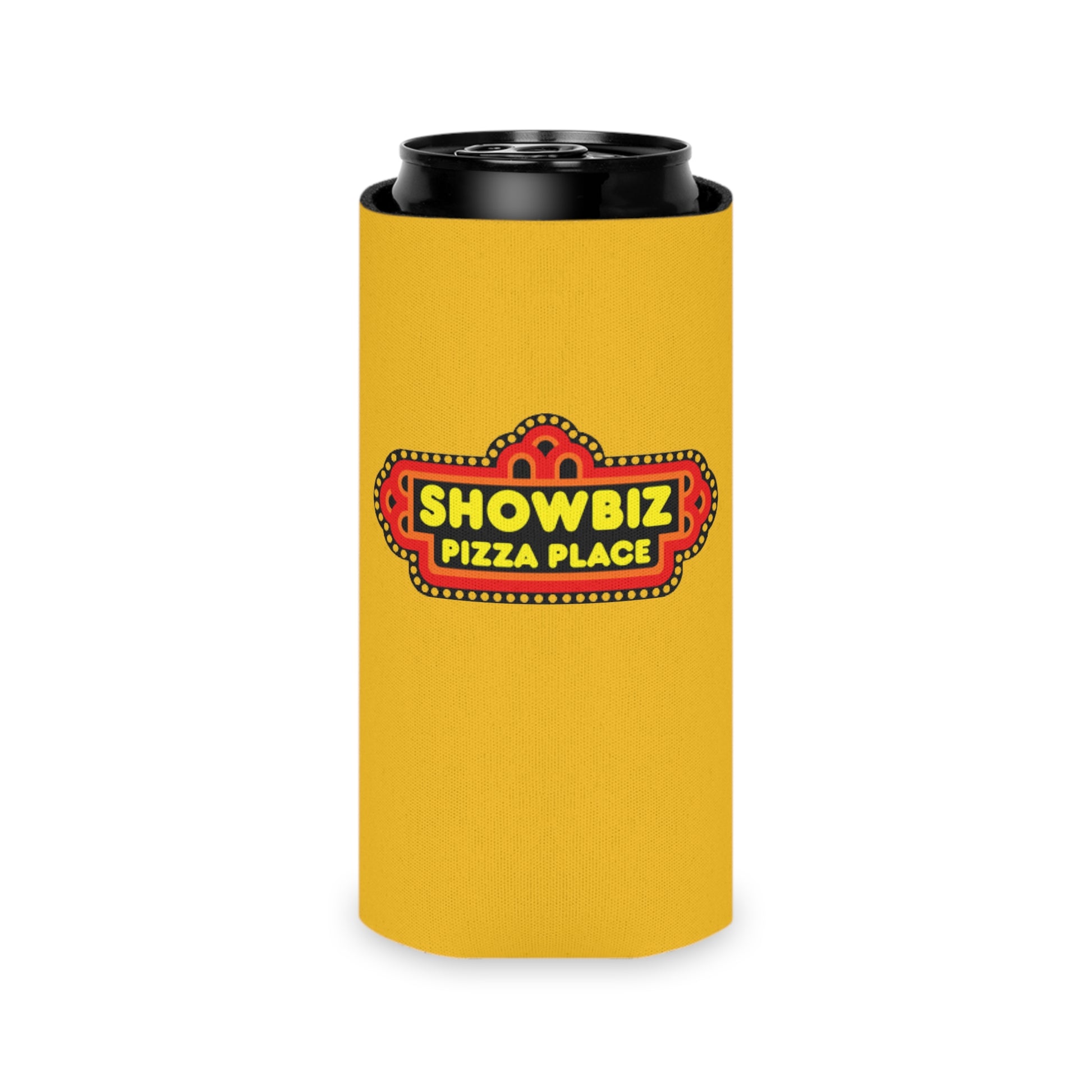 A retro-inspired koozie from Printify, named "Showbiz Pizza Place - Koozie," showcases a bold "Showbiz Pizza Place" logo with a red and black marquee design on a yellow background. The bottom features a small blue logo for "socoolshirts.com.