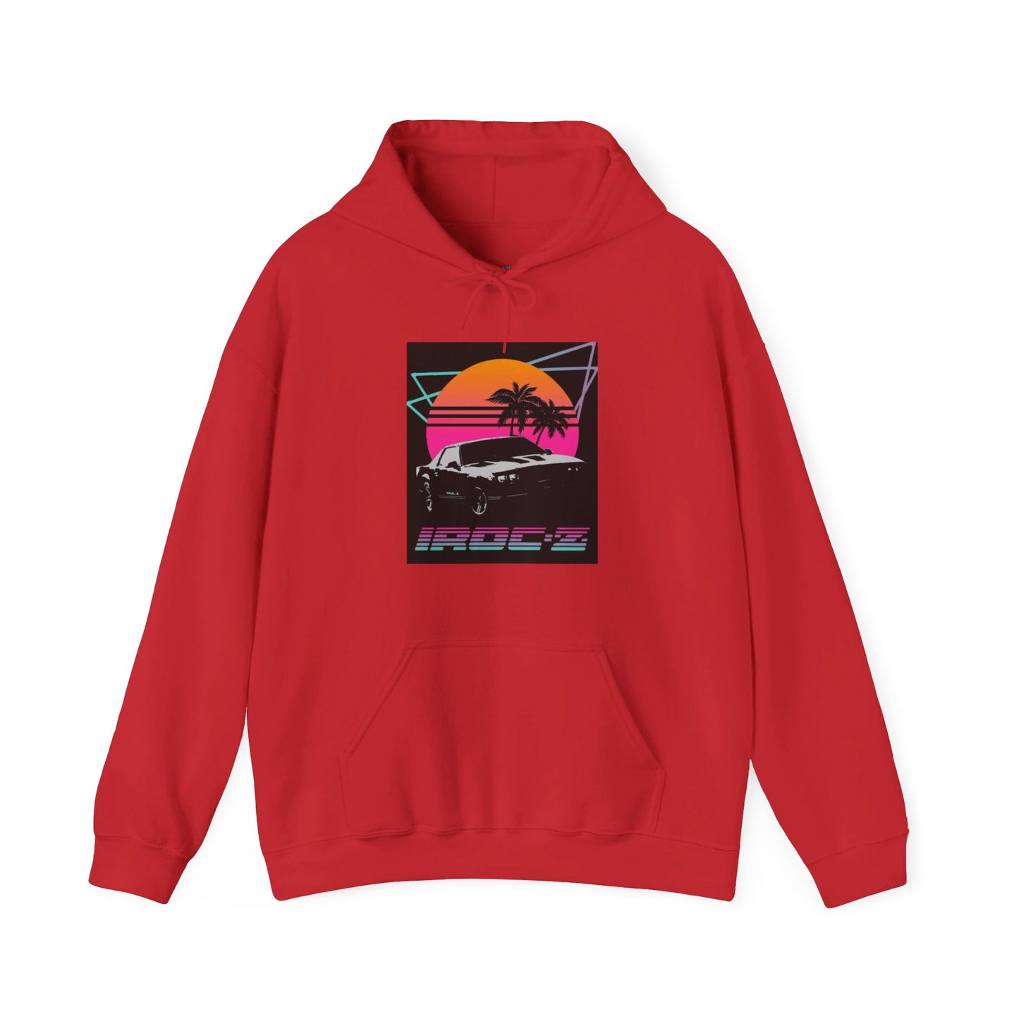 Introducing the Chevrolet IRoc Z28 - 1980s Retro Hoodie by Printify: This vibrant pink hoodie showcases a striking retro design on the front, featuring a classic American muscle car set against an orange and red sunset with palm trees, intersected by geometric shapes. The text "IROCZ" is prominently displayed below the image. Offering a relaxed fit and equipped with a front pocket, this hoodie perfectly captures the essence of 1980s style.