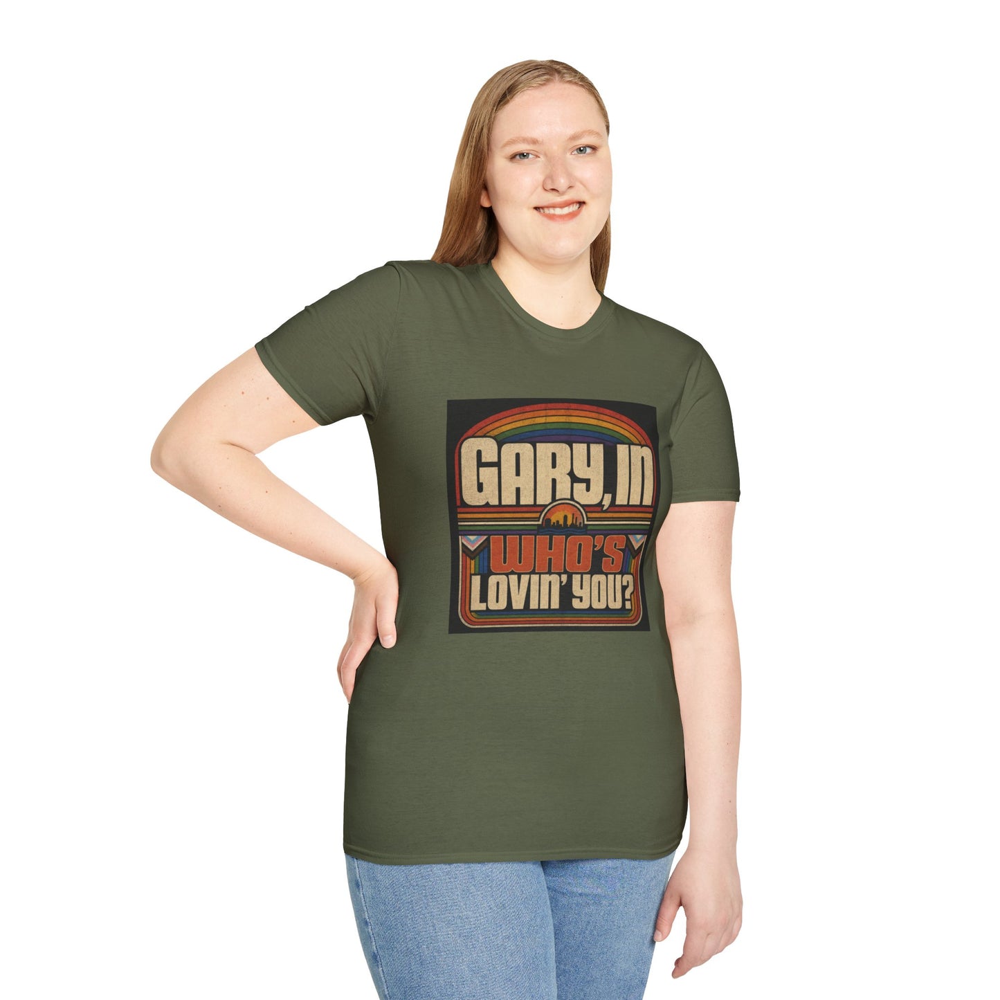 T-Shirt — "Gary, I'm Who's Lovin' You?" Retro Rainbow Design - Pride Month