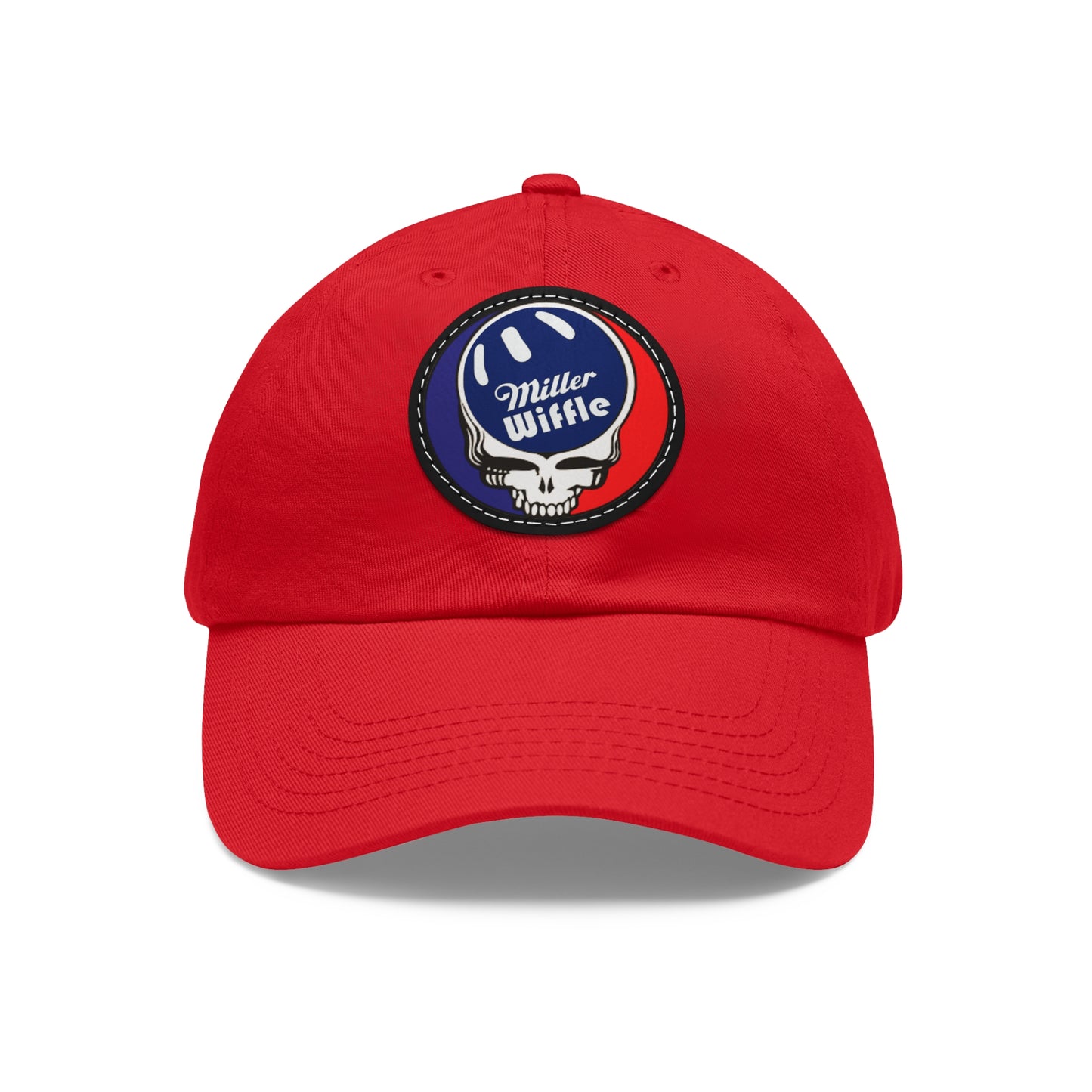 Product Description: The Dad Hat with Leather Patch (Round) - Miller Wiffle Grateful Dead Stealy by Printify is a red baseball cap made from bio-washed chino twill. It features a round PU leather patch on the front, depicting a blue and white wiffle ball above a stylized white skull. The words "Miller Wiffle" are written in white text on the ball. This cap includes a curved brim and ventilation holes on top for added comfort.