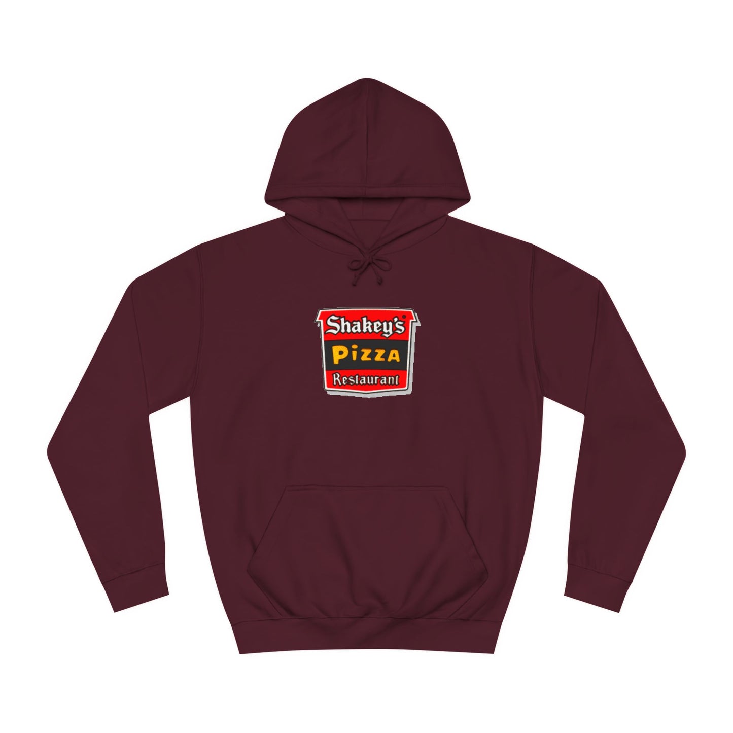 The Shakey's Pizza - 1980s Retro - Unisex Hoodie by Printify showcases a retro-style colorful logo on the front, highlighted with "Shakey's Pizza Restaurant" in bold white lettering against a striking red and black background, offering a vintage feel.