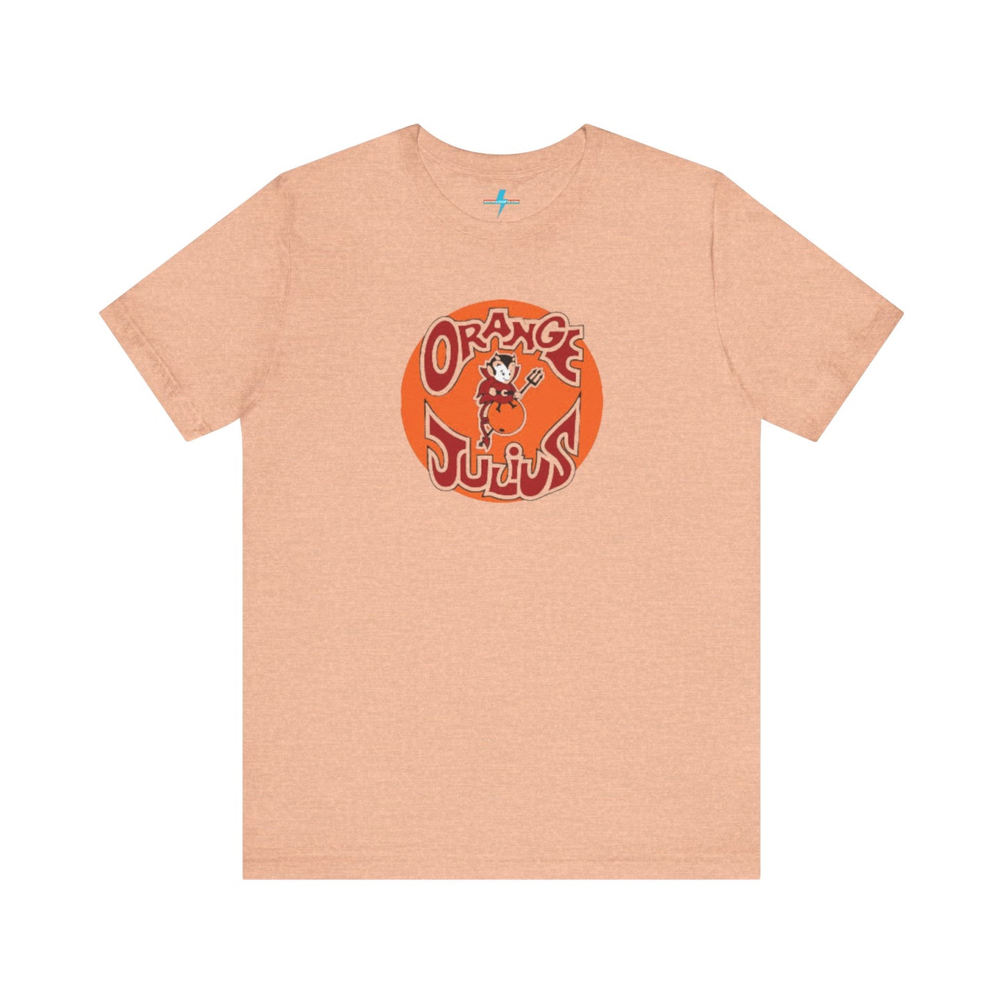 The Orange Julius 1980's Logo Unisex Jersey Style T-Shirt from Printify boasts a light gray color and features a vintage-style graphic. The design showcases the text "Orange Julius" in a stylized font within an orange circle, along with a small cartoon character holding a drink at the center—a nostalgic nod to timeless refreshment.