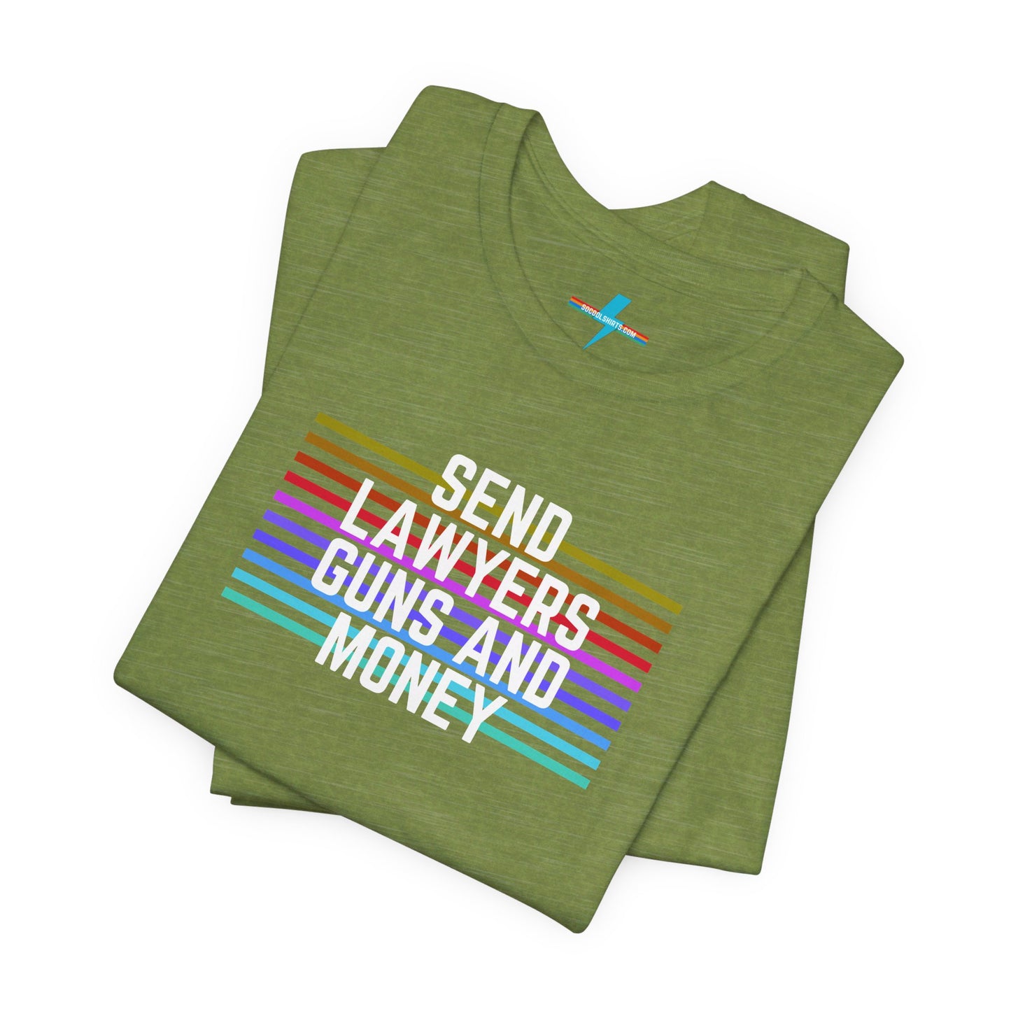 A folded Send Lawyers, Guns, and Money - Retro - Unisex Jersey Short Sleeve Tee by Printify, featuring colorful horizontal stripes and bold white text reading "SEND LAWYERS GUNS AND MONEY" in the center, as a classy tribute to Warren Zevon.