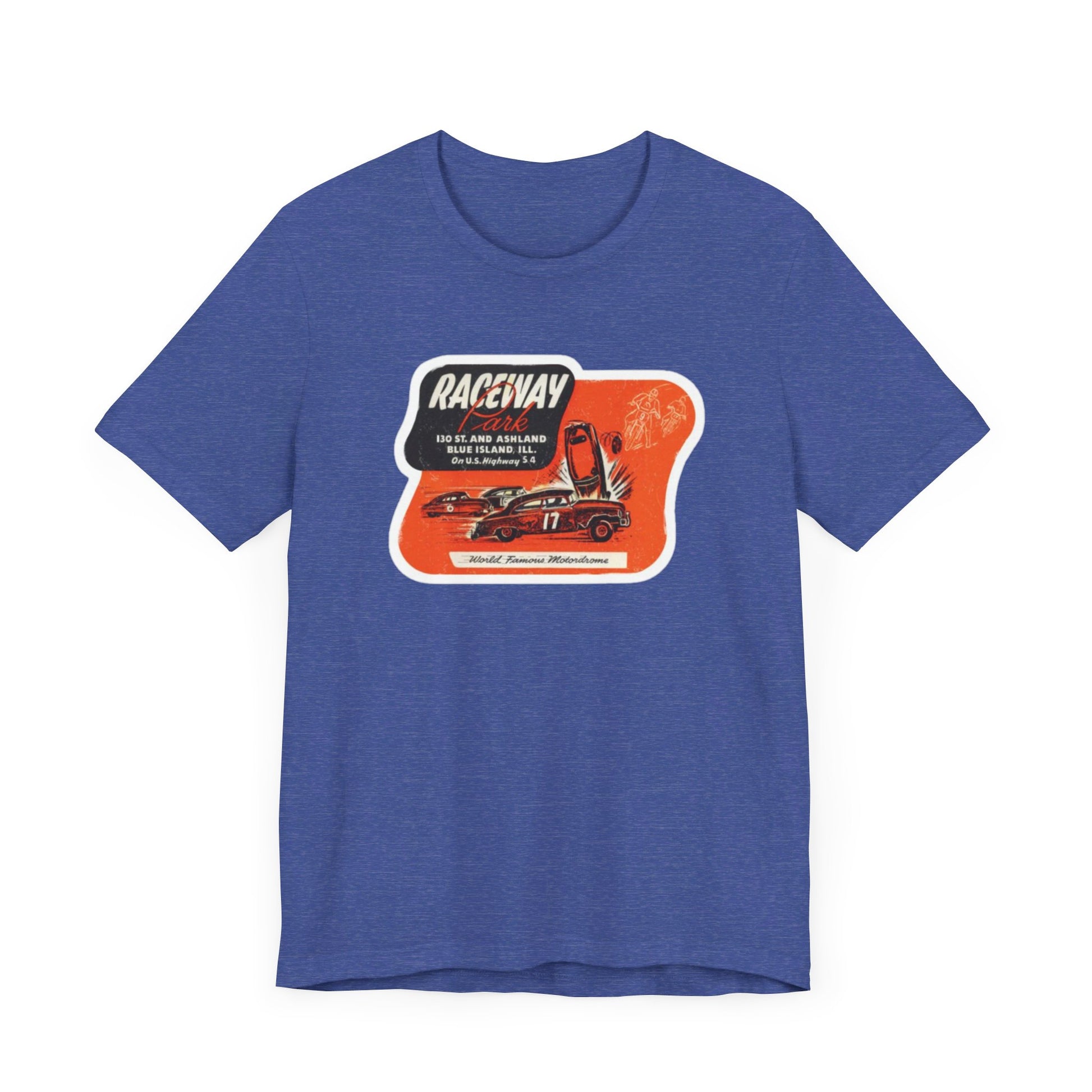 The 1970's Raceway Park - Blue Island, IL - Unisex Jersey Short Sleeve Tee by Printify is a light gray T-shirt featuring a graphic with a red background, an illustration of a race car labeled "17," and text reading "RACEWAY" and "As Seen On." The vintage-inspired design offers a nostalgic nod to classic car enthusiasts, reminiscent of the '70s racing era. The shirt is displayed against a plain background.