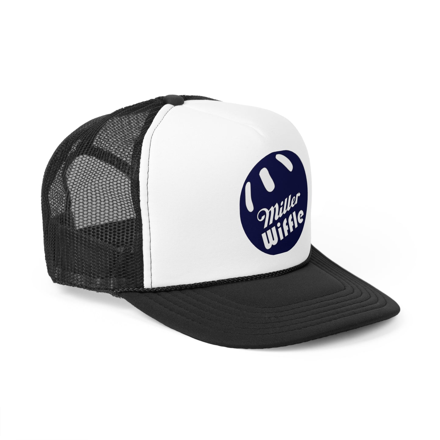 The Miller Wiffel Ball OG Logo - Trucker Cap by Printify is a stylish black and white hat featuring a black mesh back. The front panel is white and showcases a dark blue circle logo with the text "Miller Wiffle" in white, inside a design that resembles a Wiffle ball. This trucker cap includes an adjustable plastic snap closure for the perfect fit.