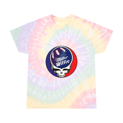 Introducing the Miller Wiffel Ball Stealy - Tie-Dye Tee, Spiral - Unisex by Printify. This vibrant tie-dye t-shirt features a swirl of blue, green, red, yellow, and purple colors in a classic spiral pattern. Made from 100% pre-shrunk cotton, it boasts a striking graphic at the center: a white skull wearing a baseball hat with the text "Miller Wiffle" on a red and blue background.