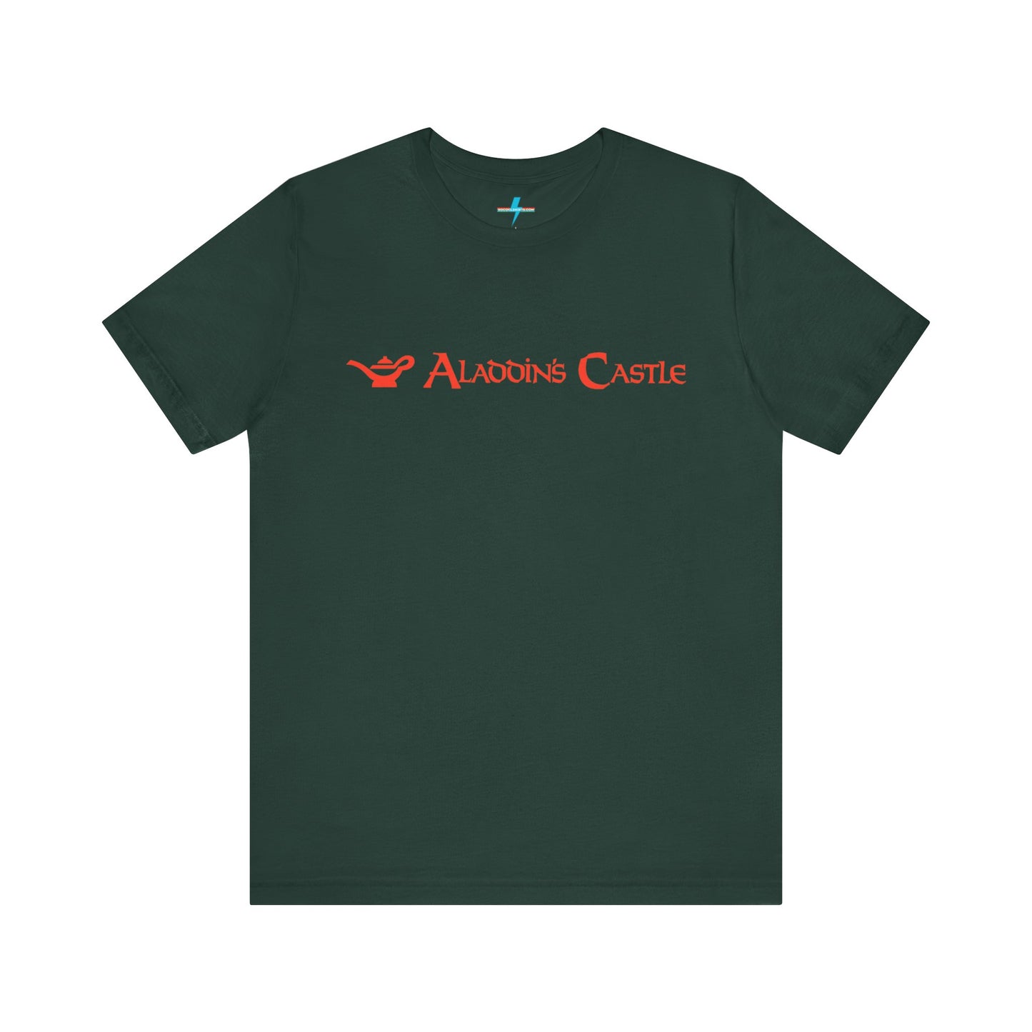 Introducing the Aladdin's Castle Arcade 1980s Unisex Jersey Short Sleeve Tee by Printify. This dark grey heather T-shirt features "ALADDIN'S CASTLE" emblazoned in bright red font across the chest, with a small silhouette of Aladdin's magic lamp to the left of the text. Perfect for fans of retro design or Aladdin’s Castle Arcade, and available exclusively from SoCool Shirts.