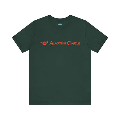 Introducing the Aladdin's Castle Arcade 1980s Unisex Jersey Short Sleeve Tee by Printify. This dark grey heather T-shirt features "ALADDIN'S CASTLE" emblazoned in bright red font across the chest, with a small silhouette of Aladdin's magic lamp to the left of the text. Perfect for fans of retro design or Aladdin’s Castle Arcade, and available exclusively from SoCool Shirts.