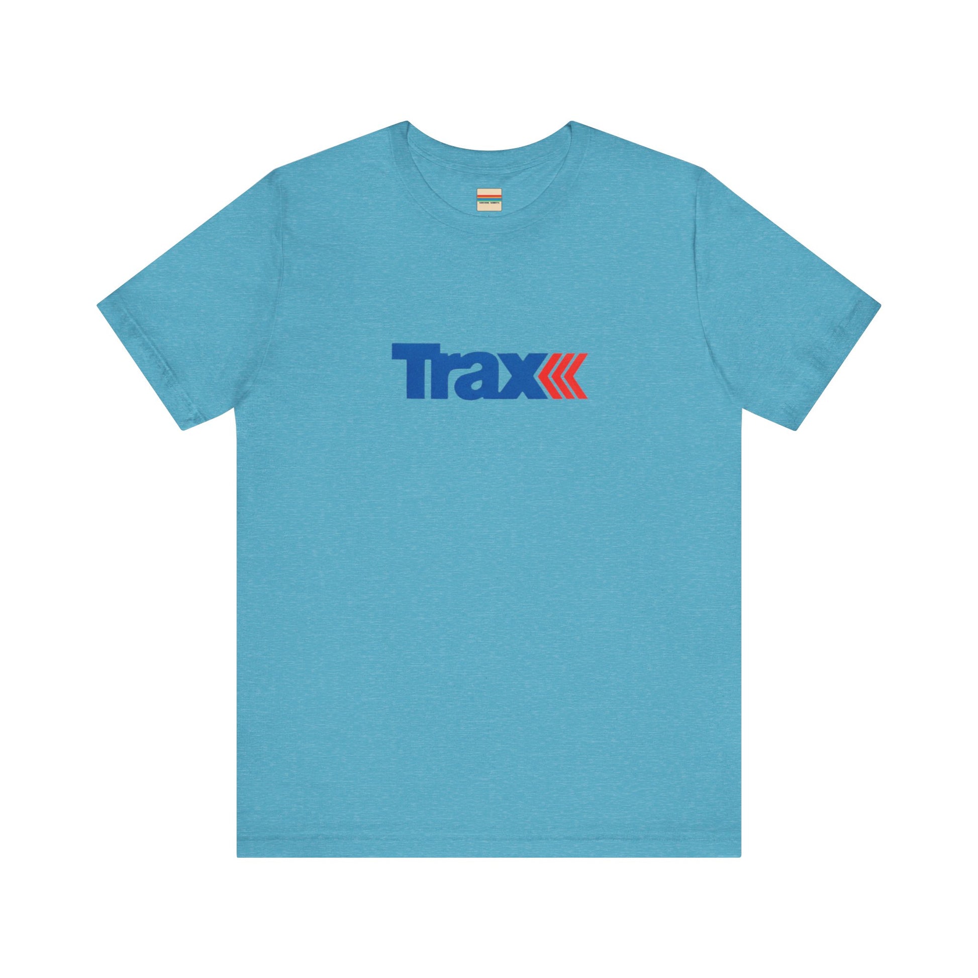 A gray unisex jersey short sleeve tee from Printify, inspired by retro 1980s Kmart style. The "Trax" logo is printed in blue letters, followed by three red arrows pointing to the right. This classic Trax Brand T-shirt is laid flat against a white background, capturing nostalgic fashion vibes.