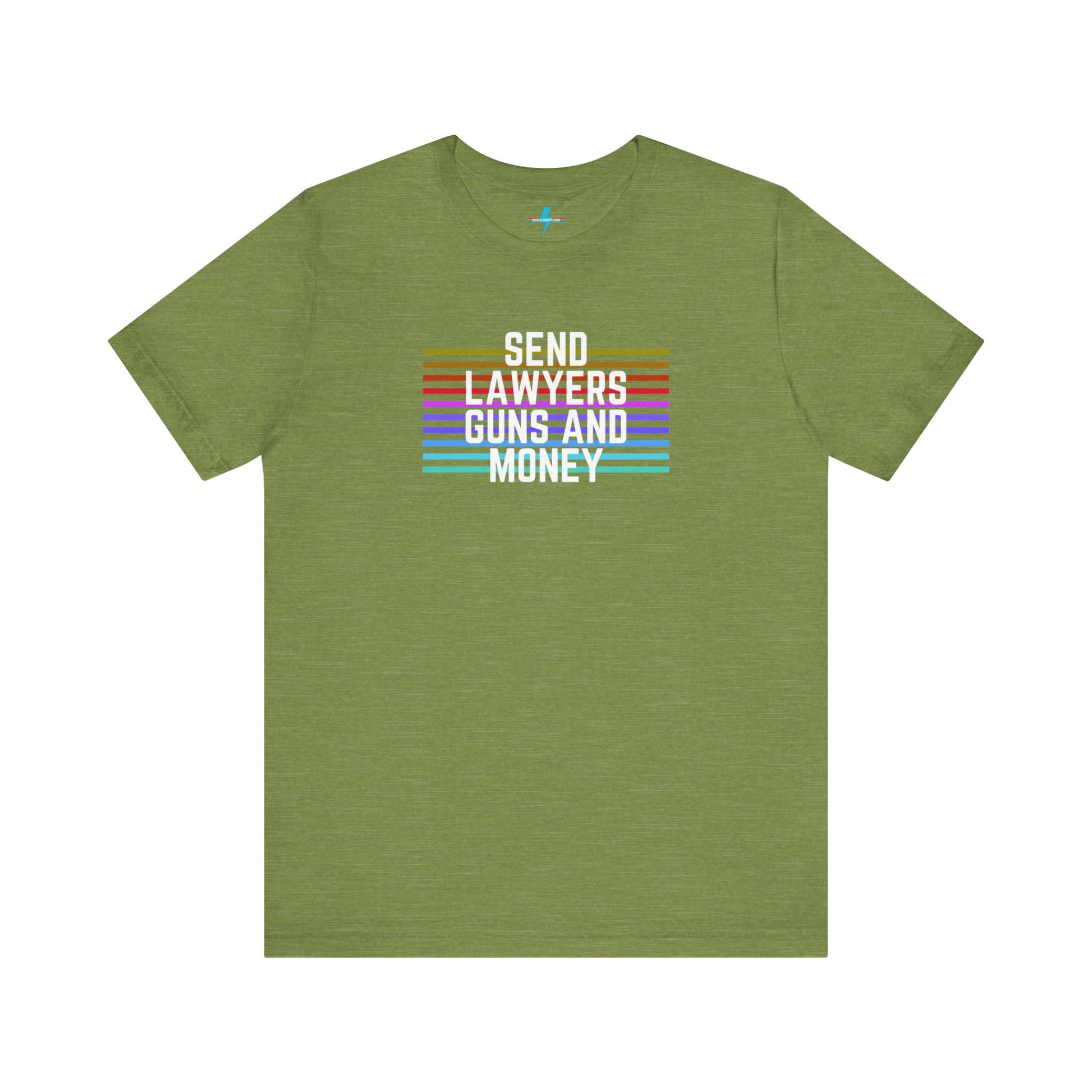 A folded Send Lawyers, Guns, and Money - Retro - Unisex Jersey Short Sleeve Tee by Printify, featuring colorful horizontal stripes and bold white text reading "SEND LAWYERS GUNS AND MONEY" in the center, as a classy tribute to Warren Zevon.