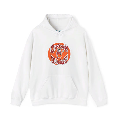 A light blue Orange Julius - Retro 1980s Hoodie by Printify, featuring a front pocket and hood. This nostalgic piece of clothing showcases a large, circular logo in orange and red at the center, depicting an illustrated character from 1980s mall culture.