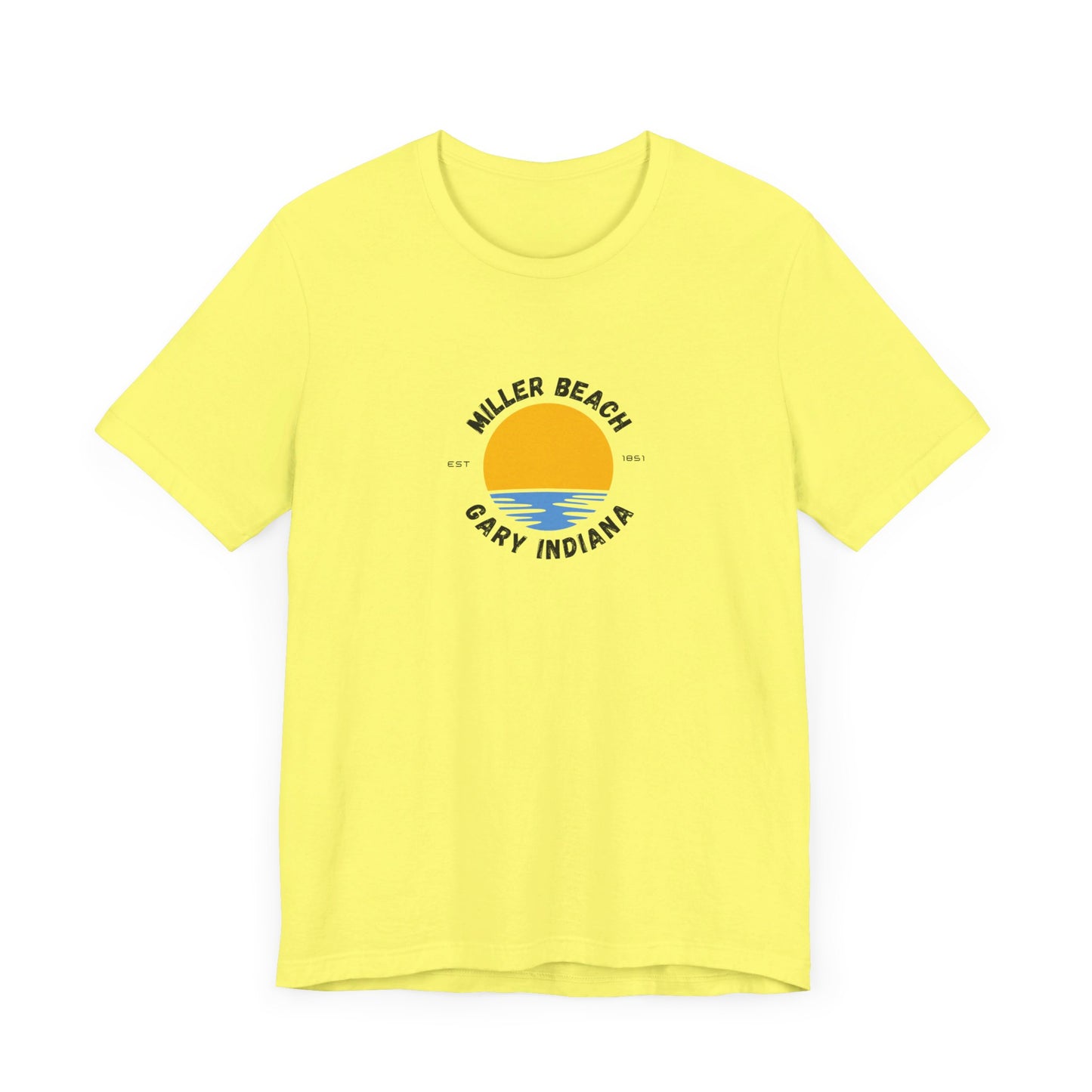 The Miller Beach Gary Indiana EST 1851 - Unisex Jersey Short Sleeve Tee by Printify is a classic blue unisex shirt featuring a vibrant graphic design of a yellow sun setting over blue waves. The text surrounding the artwork reads "Miller Beach" at the top and "Gary Indiana" at the bottom, making it an ideal tribute to this cherished location.