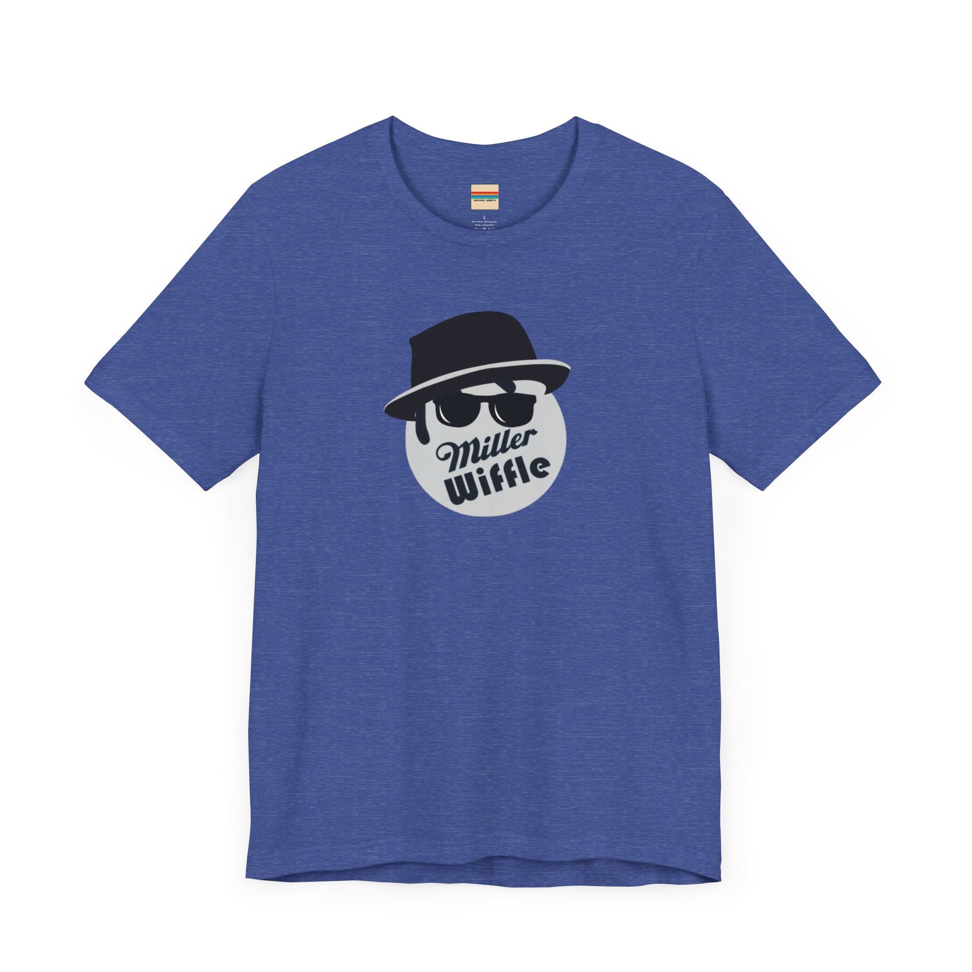 A purple unisex jersey tee from Printify, named the "Miller Wiffel Ball - Blues Brothers - Unisex Jersey Short Sleeve Tee," features a stylized graphic of a ball wearing a black fedora and sunglasses with the text "Miller Wiffel" below it. Another identical soft cotton t-shirt is neatly folded underneath, highlighting its breathable fabric.