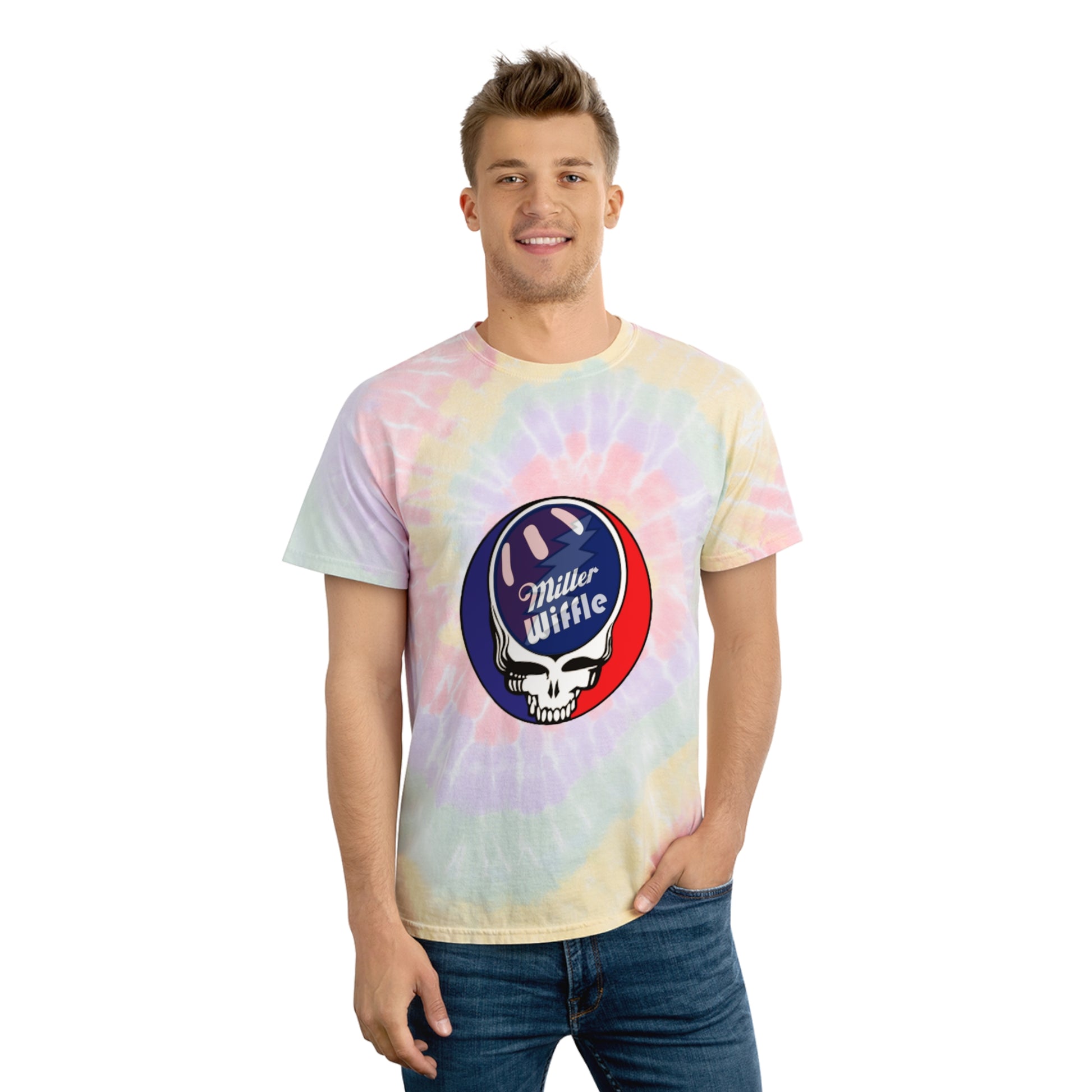 Introducing the Miller Wiffel Ball Stealy - Tie-Dye Tee, Spiral - Unisex by Printify. This vibrant tie-dye t-shirt features a swirl of blue, green, red, yellow, and purple colors in a classic spiral pattern. Made from 100% pre-shrunk cotton, it boasts a striking graphic at the center: a white skull wearing a baseball hat with the text "Miller Wiffle" on a red and blue background.