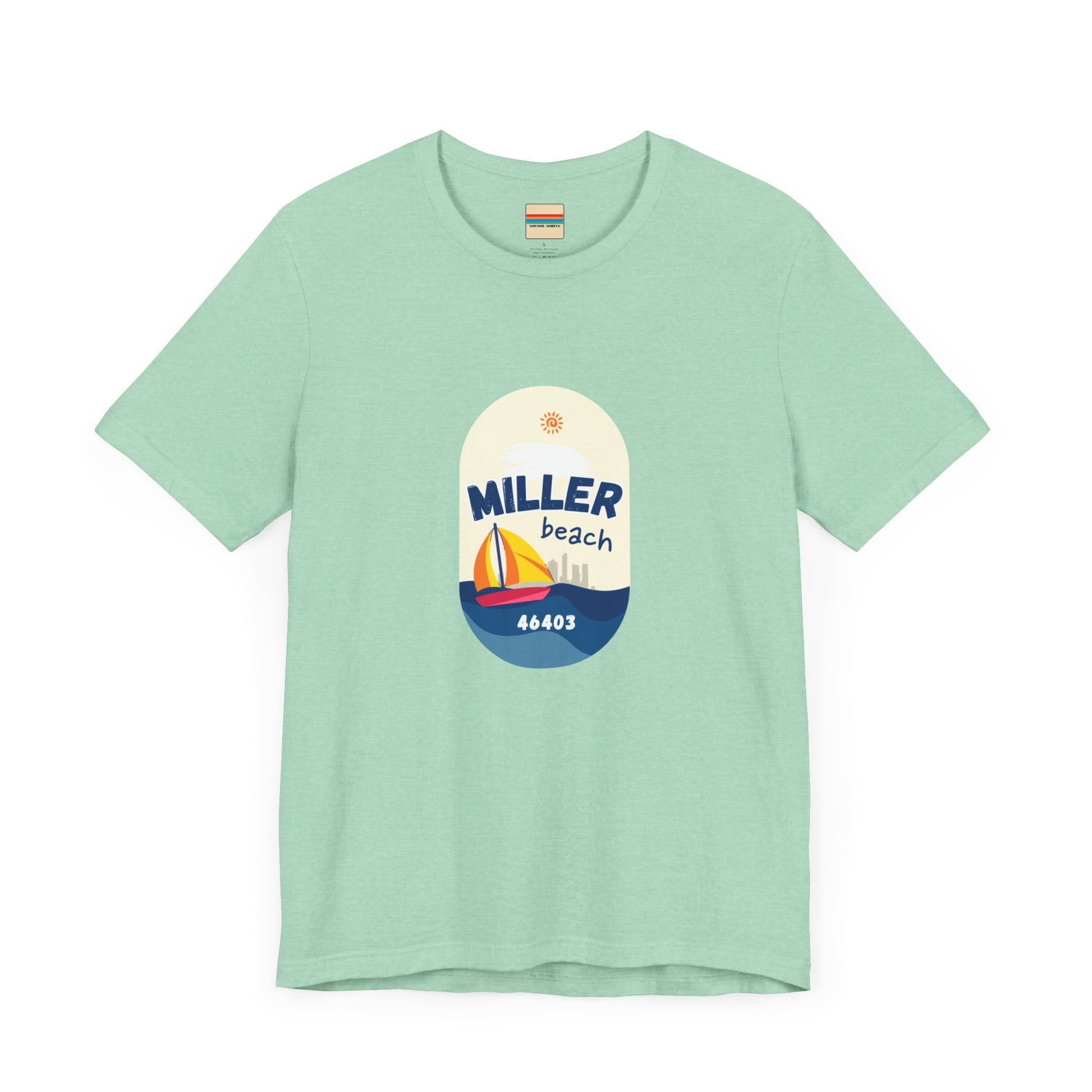 The Miller Beach Sailboat - Unisex Jersey Short Sleeve Tee by Printify features a vibrant graphic design portraying a sailboat on water with a sun above it and the text "MILLER beach 46403." This white retail fit shirt is crafted from soft Airlume combed cotton and showcases rounded graphics in blue, orange, and yellow.