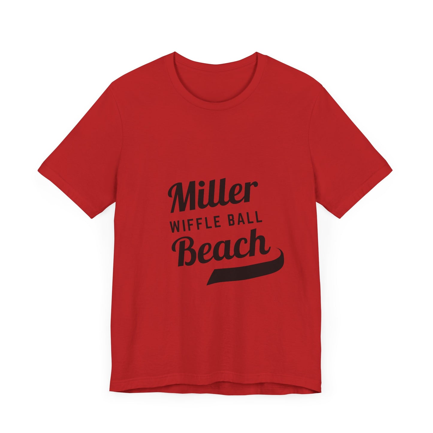 A light blue, soft cotton t-shirt with the text "Miller Beach Wiffel Ball" printed in black on the front. The design features a stylized, curved underline beneath the word "Beach," giving the text a dynamic appearance. This unisex jersey offers a comfortable retail fit for all. Product Name: Miller Beach Wiffel Ball - Unisex Jersey Short Sleeve Tee Retro Logo by Printify.