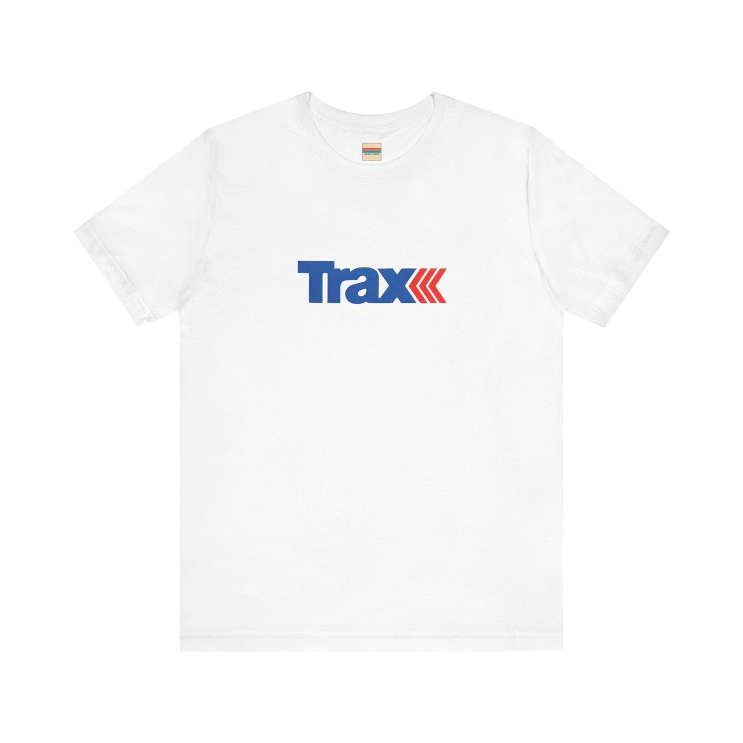 A gray unisex jersey short sleeve tee from Printify, inspired by retro 1980s Kmart style. The "Trax" logo is printed in blue letters, followed by three red arrows pointing to the right. This classic Trax Brand T-shirt is laid flat against a white background, capturing nostalgic fashion vibes.