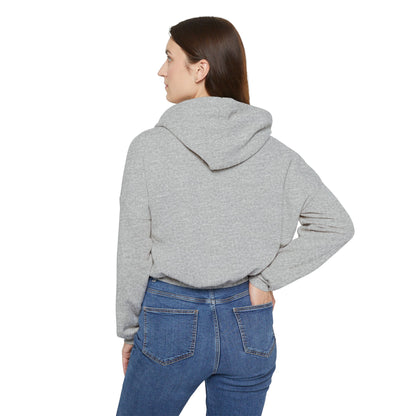 The Women's Cinched Bottom Hoodie from Printify, named "Miller Beach - Unity," is crafted in an oversized light gray design. It features a striking rainbow logo and bold blue "MB" letters on the front, with "MILLER & BARRY, INC." printed below. The casual style of this cotton-polyester blend is further accentuated by a lively triangular pattern.