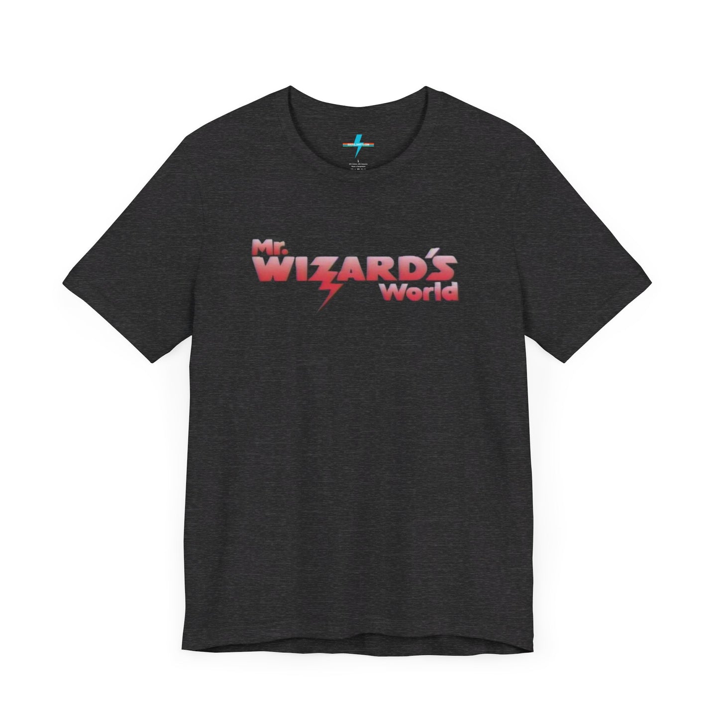 A purple Mr. Wizard's World T-shirt from Printify, featuring bold gradient red and white text with a lightning bolt through the letter "A" in "Wizard." Ideal for science enthusiasts and fans of the iconic 1980s Nickelodeon show, this unisex jersey short sleeve tee is displayed against a plain white background.