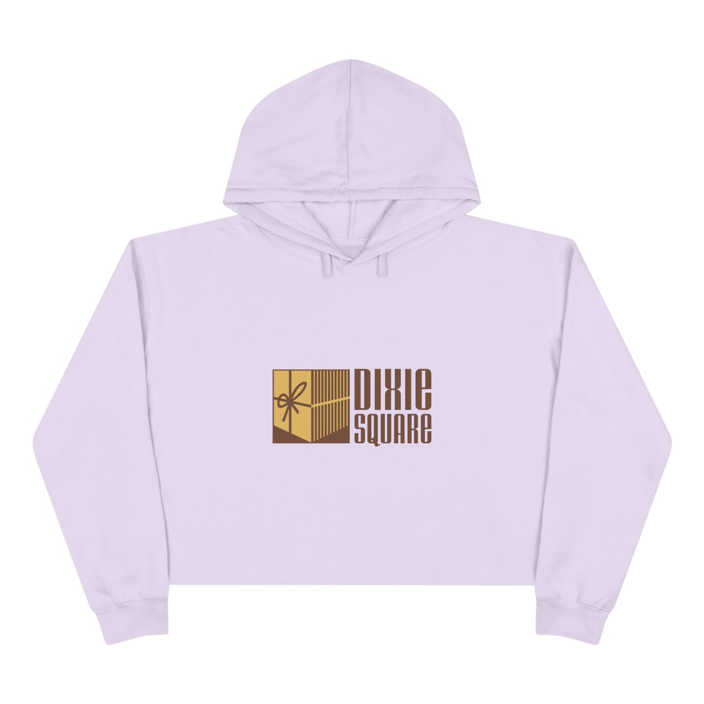 Pink cropped hoodie from Printify, showcasing a yellow and brown "Dixie Square" logo with a ribbon design on the front, reminiscent of the iconic Dixie Square Mall in Harvey, IL from the Blues Brothers era.