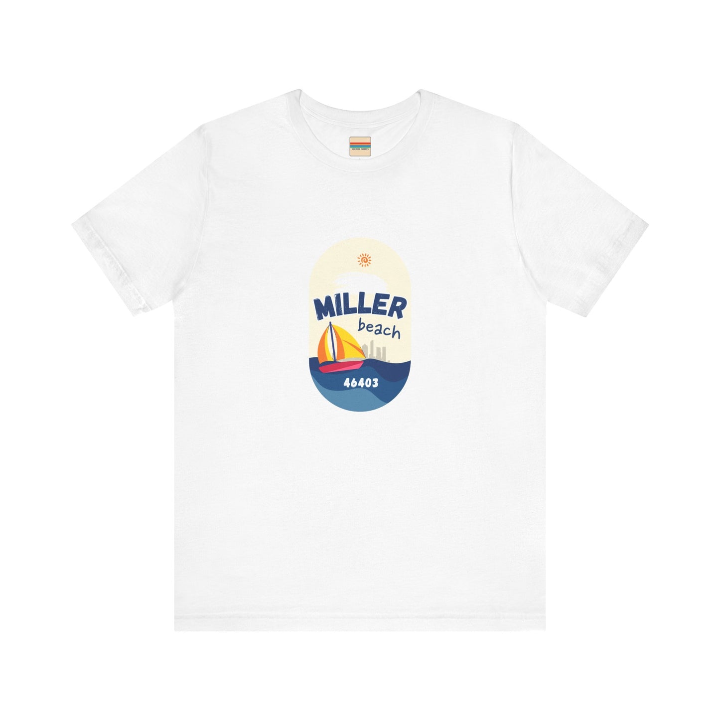 The Miller Beach Sailboat - Unisex Jersey Short Sleeve Tee by Printify features a vibrant graphic design portraying a sailboat on water with a sun above it and the text "MILLER beach 46403." This white retail fit shirt is crafted from soft Airlume combed cotton and showcases rounded graphics in blue, orange, and yellow.