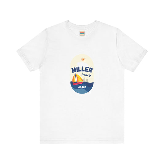 The Miller Beach Sailboat - Unisex Jersey Short Sleeve Tee by Printify features a vibrant graphic design portraying a sailboat on water with a sun above it and the text "MILLER beach 46403." This white retail fit shirt is crafted from soft Airlume combed cotton and showcases rounded graphics in blue, orange, and yellow.