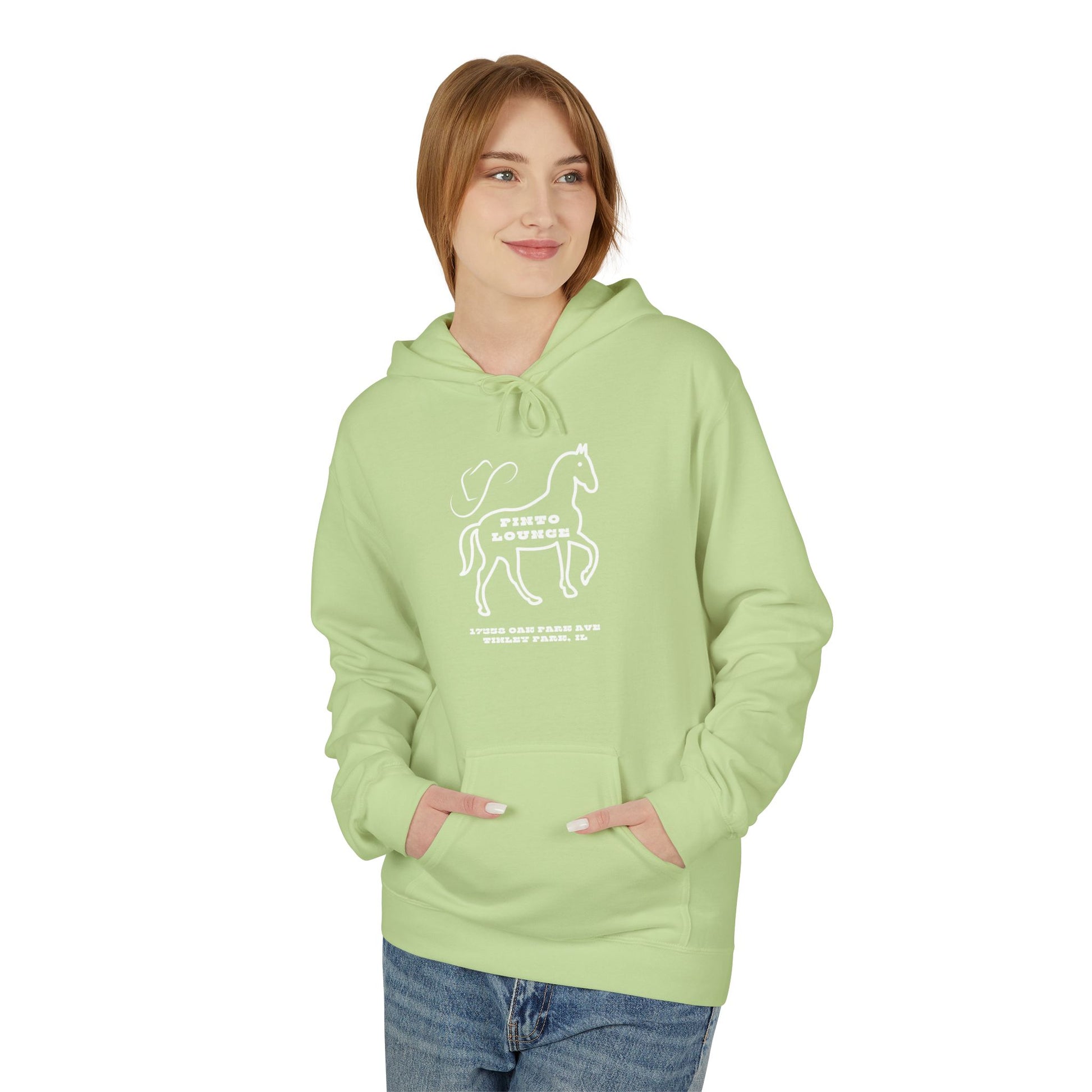 This olive green hoodie from Printify, inspired by the Pinto Lounge - Tinley Park, IL 1980s Softstyle Fleece Hoodie, features a white abstract design with a cat illustration and "NOIR" on the front. Made sustainably, it boasts a front pocket and drawstring hood for stylish comfort.