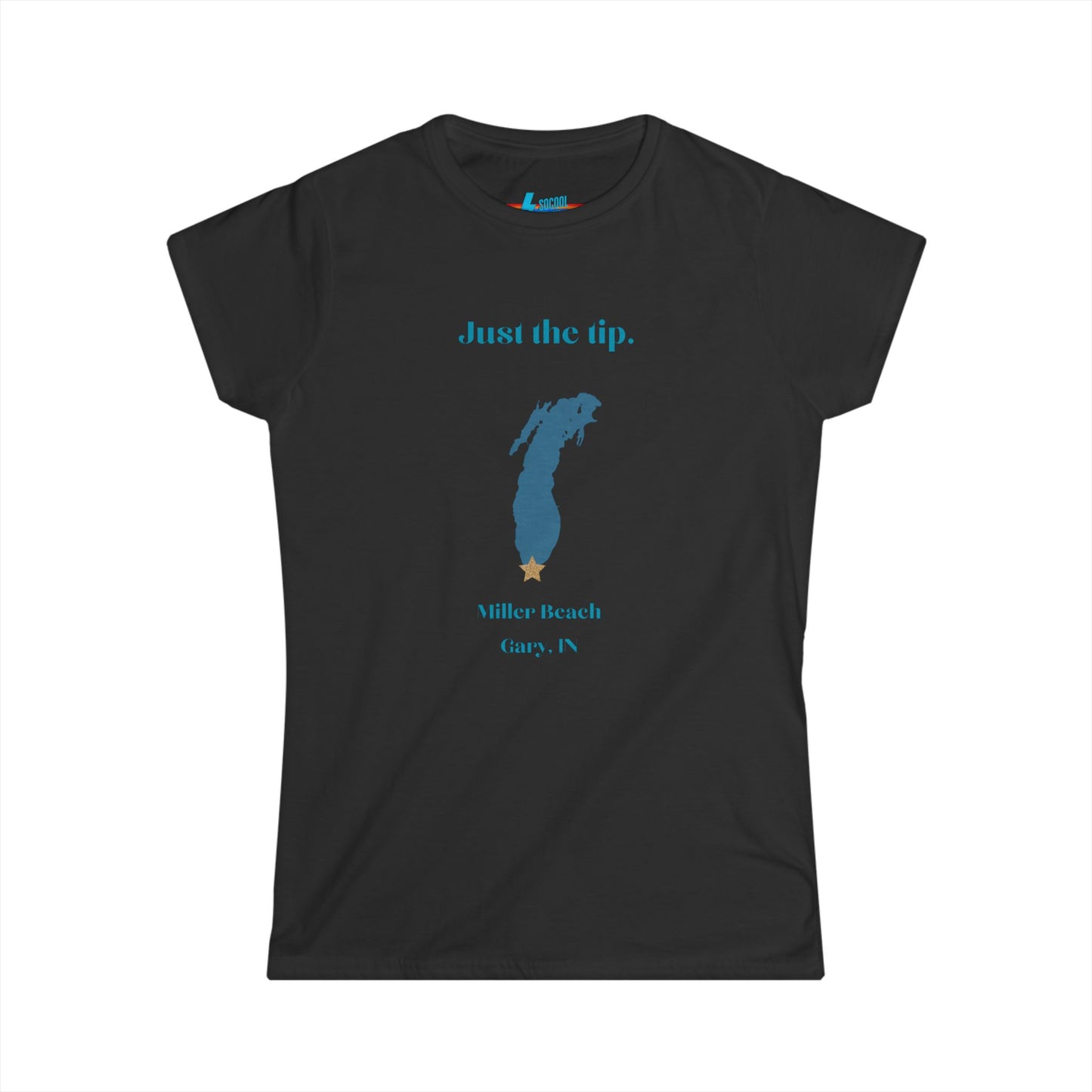 The Printify Just the Tip - Miller Beach Women's Softstyle Tee, crafted from high-quality tri-blend fabric, showcases a light blue color with a stylized wave graphic alongside the text "Just the tip. Miller Beach, Gary, IN." This tee is both casual and stylish, making it an ideal choice to express your beachside spirit.