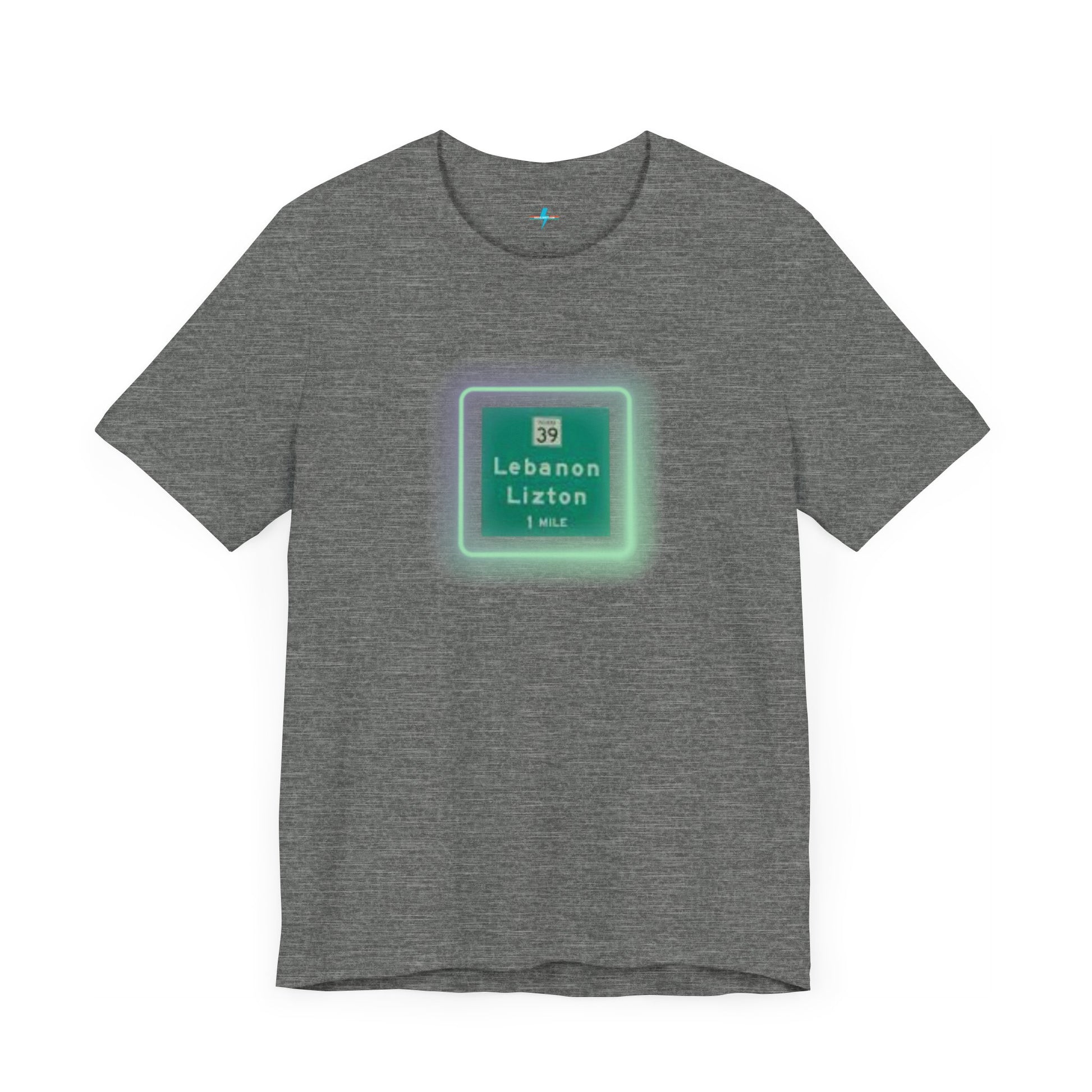 Introducing "The Lebanon Loop - Indiana" unisex jersey short sleeve tee by Printify. This green t-shirt features a graphic of a road sign displaying "39 Lebanon Lizton 1 MILE" within a slightly glowing square frame. It's crafted from 100% Airlume cotton and photographed flat on a white background.