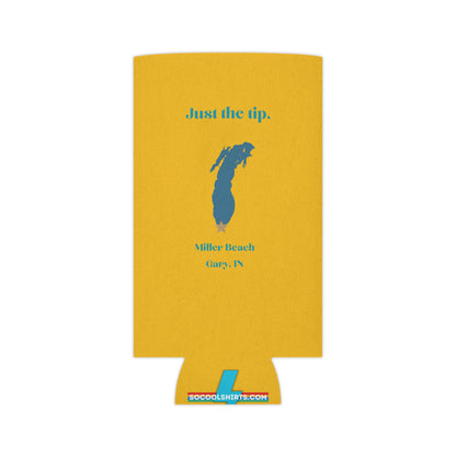 A yellow Printify "Just the Tip - Miller Beach Koozie" featuring blue text and a graphic. The fun design includes "Just the tip" at the top, a blue silhouette of Indiana with a small gold star near the top, and "Miller Beach, Gary, IN" underneath. The bottom showcases the website "socoolshirts.com.