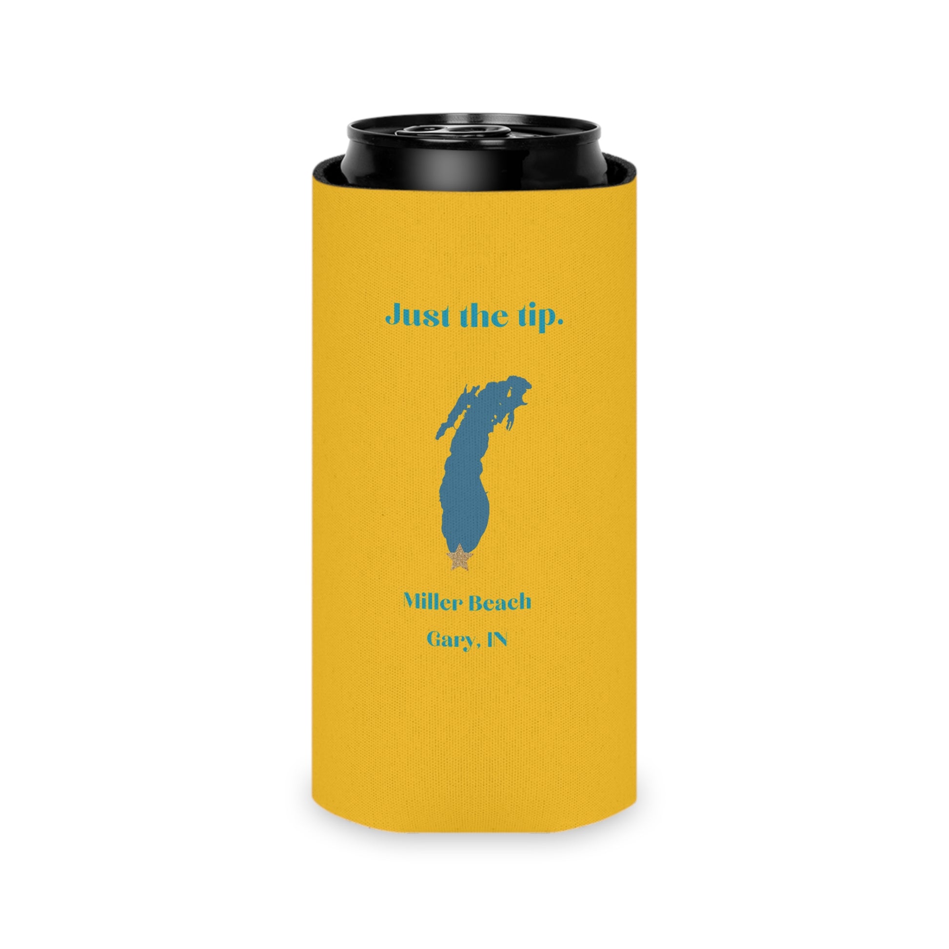 A yellow Printify "Just the Tip - Miller Beach Koozie" featuring blue text and a graphic. The fun design includes "Just the tip" at the top, a blue silhouette of Indiana with a small gold star near the top, and "Miller Beach, Gary, IN" underneath. The bottom showcases the website "socoolshirts.com.