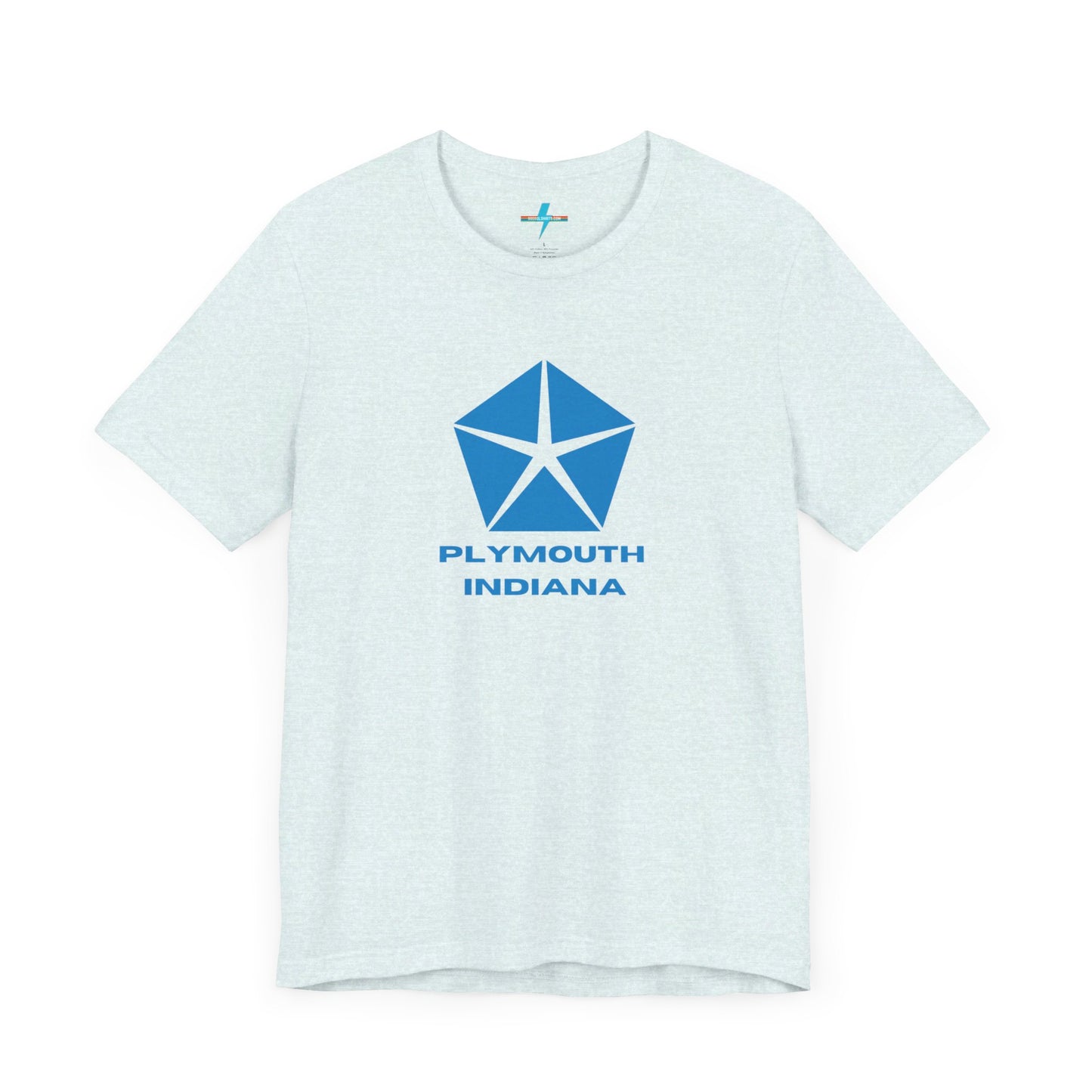 A black Printify Plymouth, Indiana Chrysler Logo T-shirt is displayed against a plain white background. The shirt features a blue, five-point star emblem reminiscent of a vintage autos design above the text "PLYMOUTH INDIANA" in blue, centered across the front. The shirt is laid out flat with the sleeves slightly bent.