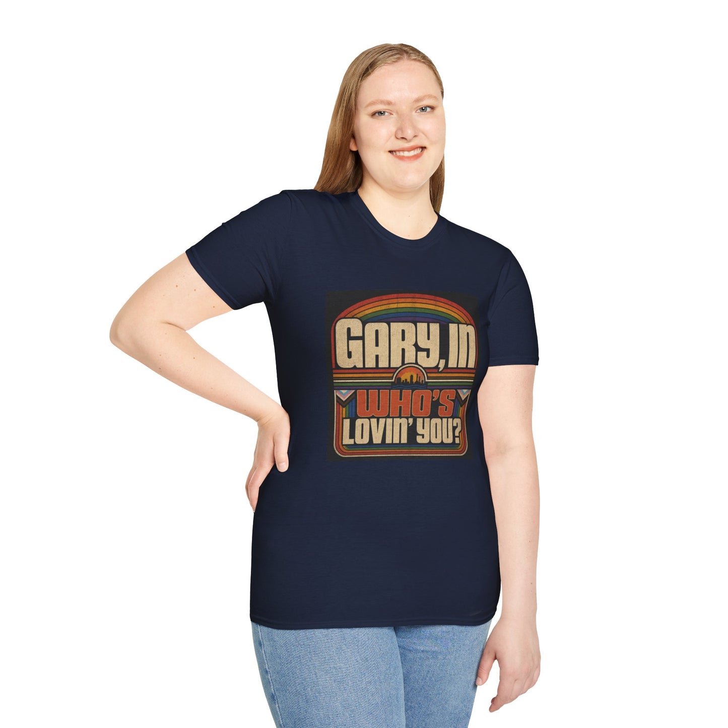 T-Shirt — "Gary, I'm Who's Lovin' You?" Retro Rainbow Design - Pride Month