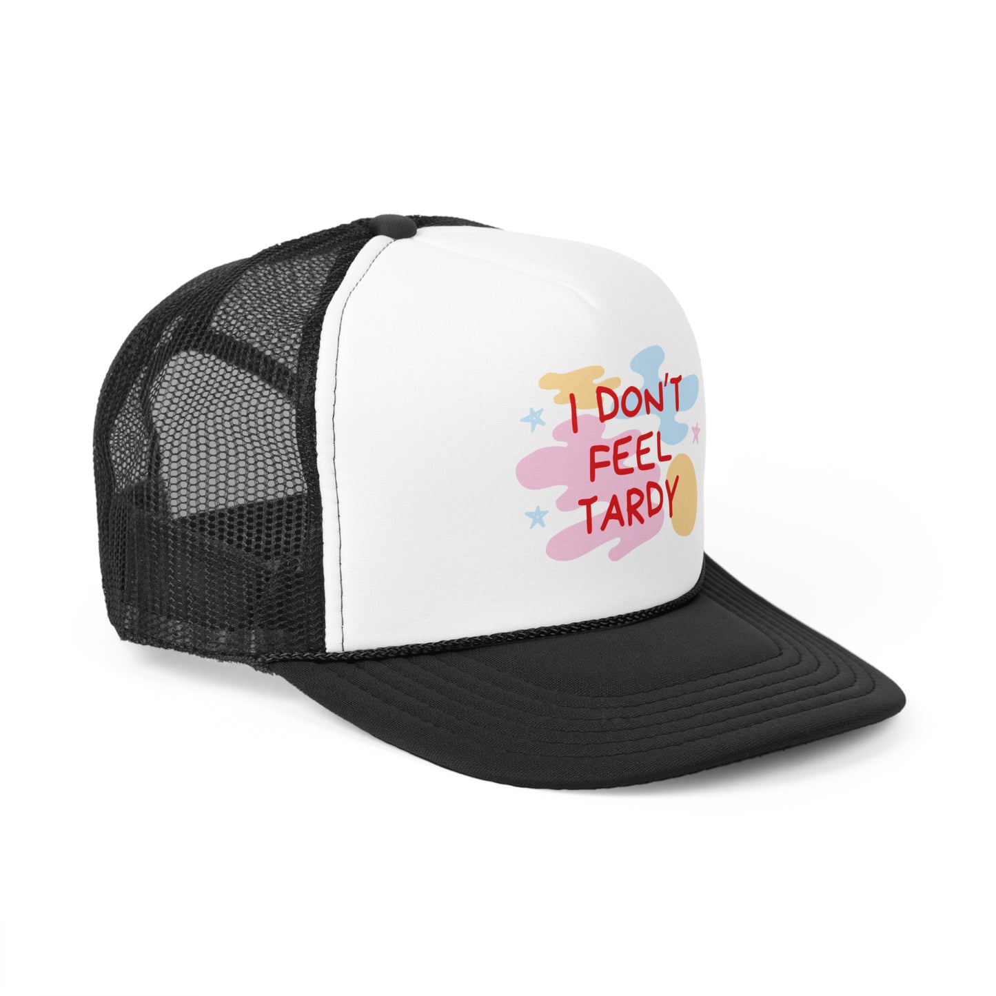 The Printify "I Don't Feel Tardy - Trucker Caps" feature a green and white design with the phrase "I DON'T FEEL TARDY" in red text. The background boasts abstract, colorful splashes in pastel shades of pink, blue, yellow, and beige. This cap is perfect for any Van Halen fan and pays homage to David Lee Roth's iconic style with its "Hot for Teacher" theme.