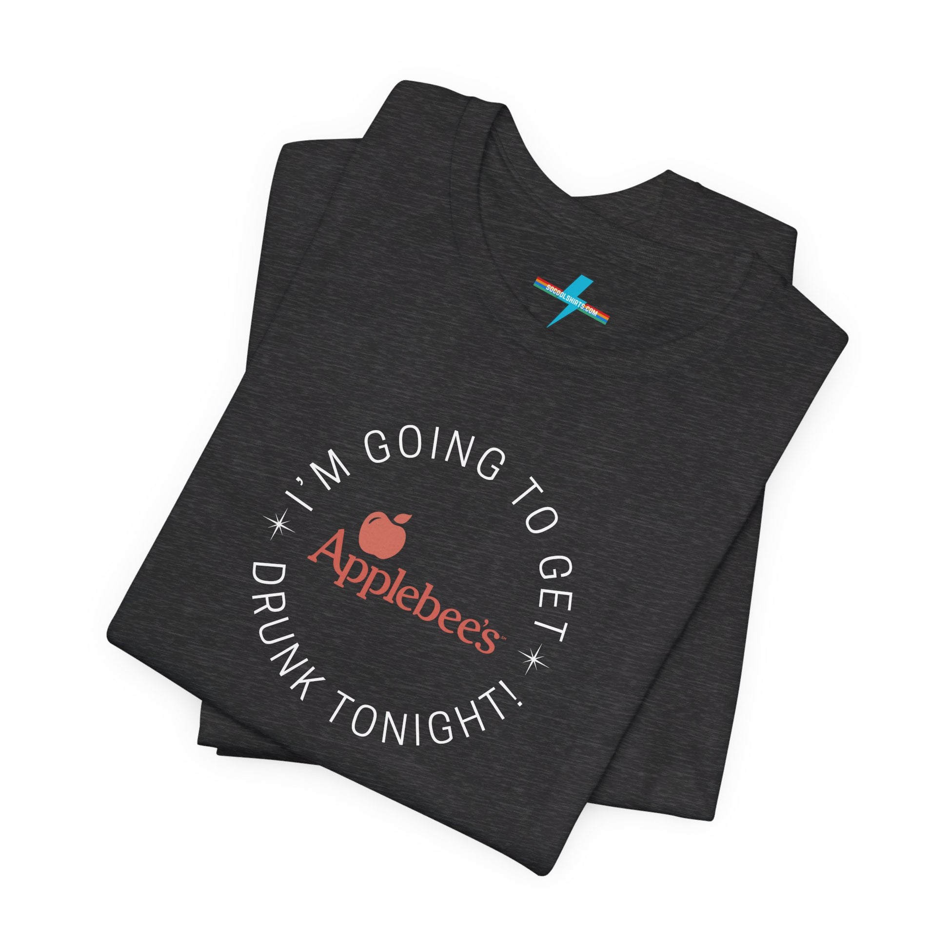 A Black Heather Printify 'I'm Going to get Applebee's Drunk - Unisex Jersey Short Sleeve Tee' featuring the text "I'm going to get Applebee's drunk tonight!" around an Applebee's logo in the center. Perfect for a casual evening out, this tee is crafted from soft Airlume combed and ring-spun cotton for ultimate comfort.