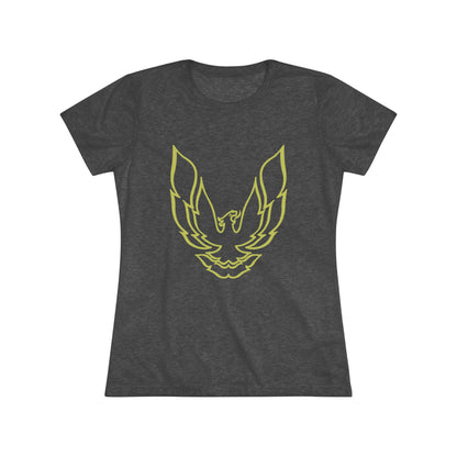 A retro 1970's-inspired red women's triblend tee by Printify, featuring a stylish gold phoenix design on the front. The vibrant, sleek graphic depicts the iconic Trans Am bird with its wings spread upward, giving this cozy t-shirt a bold and dynamic look.