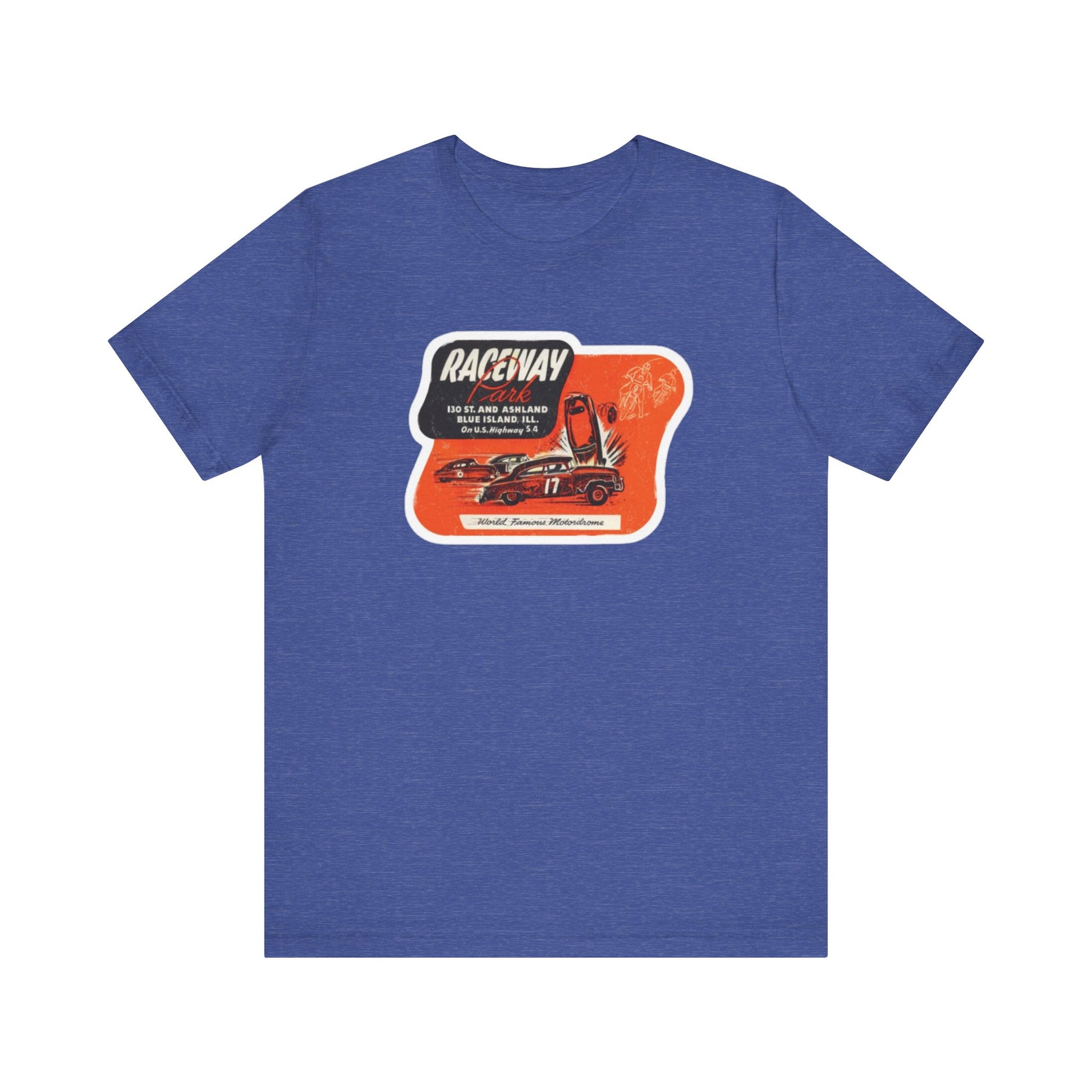 The 1970's Raceway Park - Blue Island, IL - Unisex Jersey Short Sleeve Tee by Printify is a light gray T-shirt featuring a graphic with a red background, an illustration of a race car labeled "17," and text reading "RACEWAY" and "As Seen On." The vintage-inspired design offers a nostalgic nod to classic car enthusiasts, reminiscent of the '70s racing era. The shirt is displayed against a plain background.