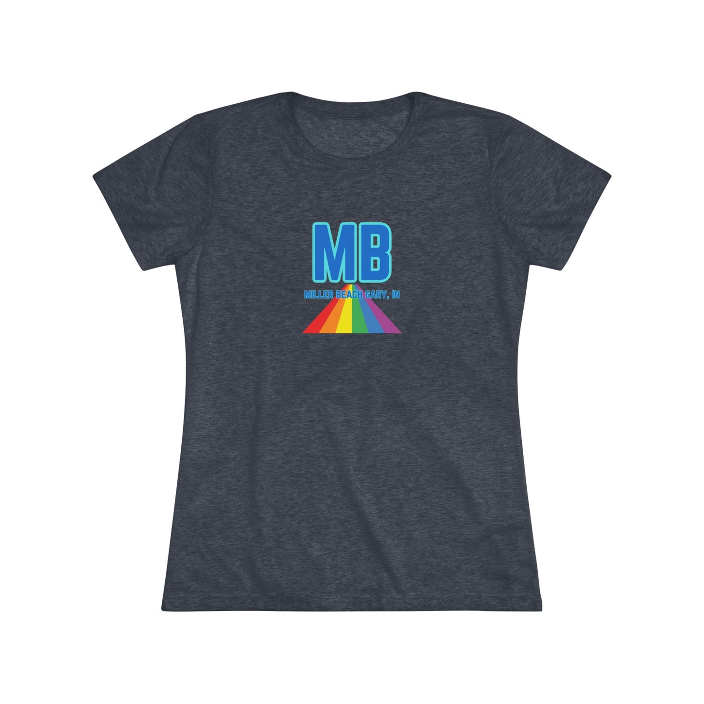 The Miller Beach Pride - Women's Triblend Tee by Printify is a dark gray, cozy t-shirt with a vintage look, featuring the text "MB" in large blue letters at the center. Below the letters, there is a rainbow-colored triangular design with "Millions & Binary, Inc." written in smaller text under the rainbow triangle.