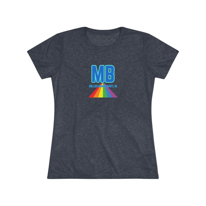 The Miller Beach Pride - Women's Triblend Tee by Printify is a dark gray, cozy t-shirt with a vintage look, featuring the text "MB" in large blue letters at the center. Below the letters, there is a rainbow-colored triangular design with "Millions & Binary, Inc." written in smaller text under the rainbow triangle.