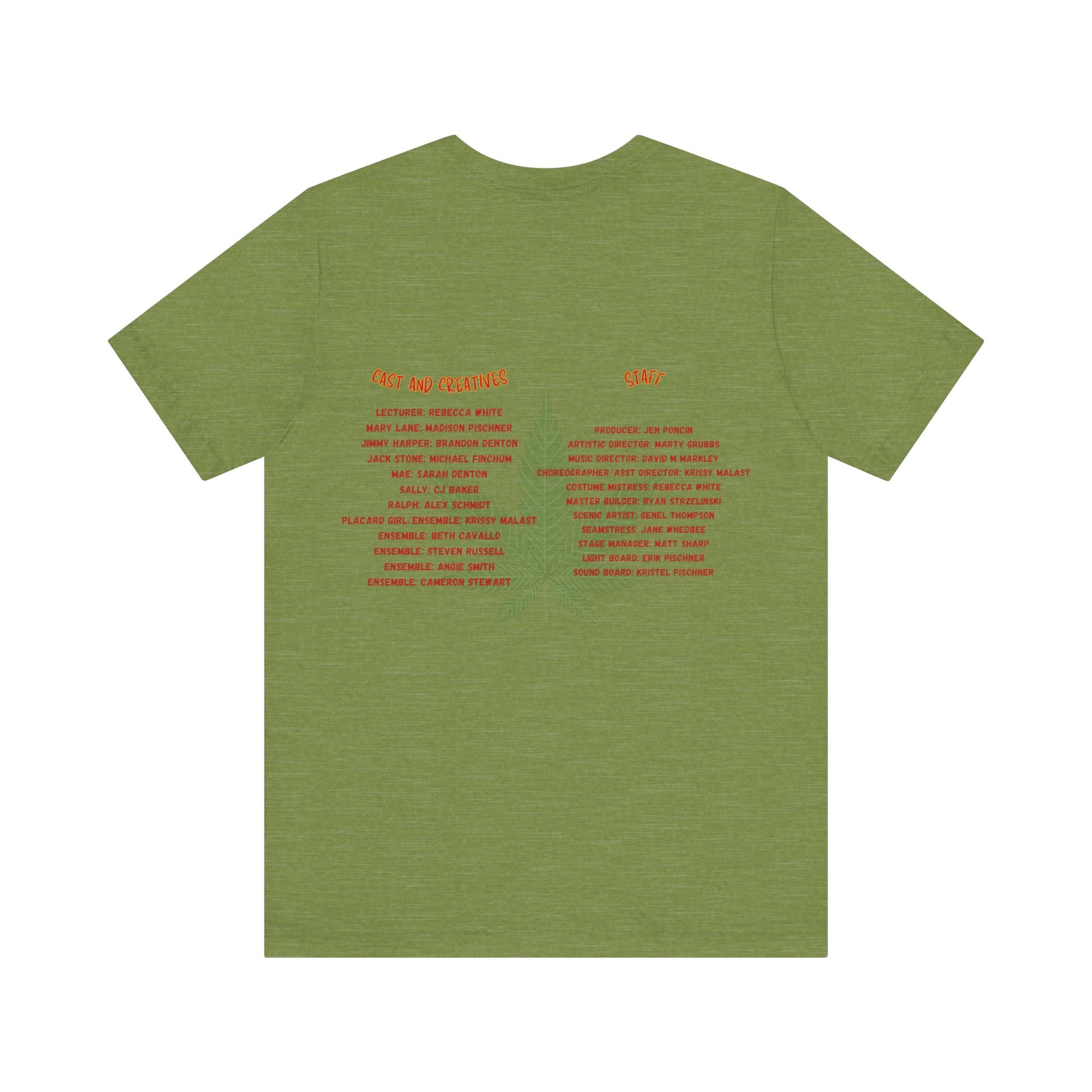 The Miller Community Theatre - Reefer Madness Cast and Crew Shirt by Printify showcases a vibrant design featuring bold, colorful text that reads "Reefer Madness The Musical" with a cartoon joint illustration. Below the main text, "A Miller Community Theatre Joint" is highlighted in red. This limited-edition green t-shirt, with its centered design, is perfect for cast and crew members.