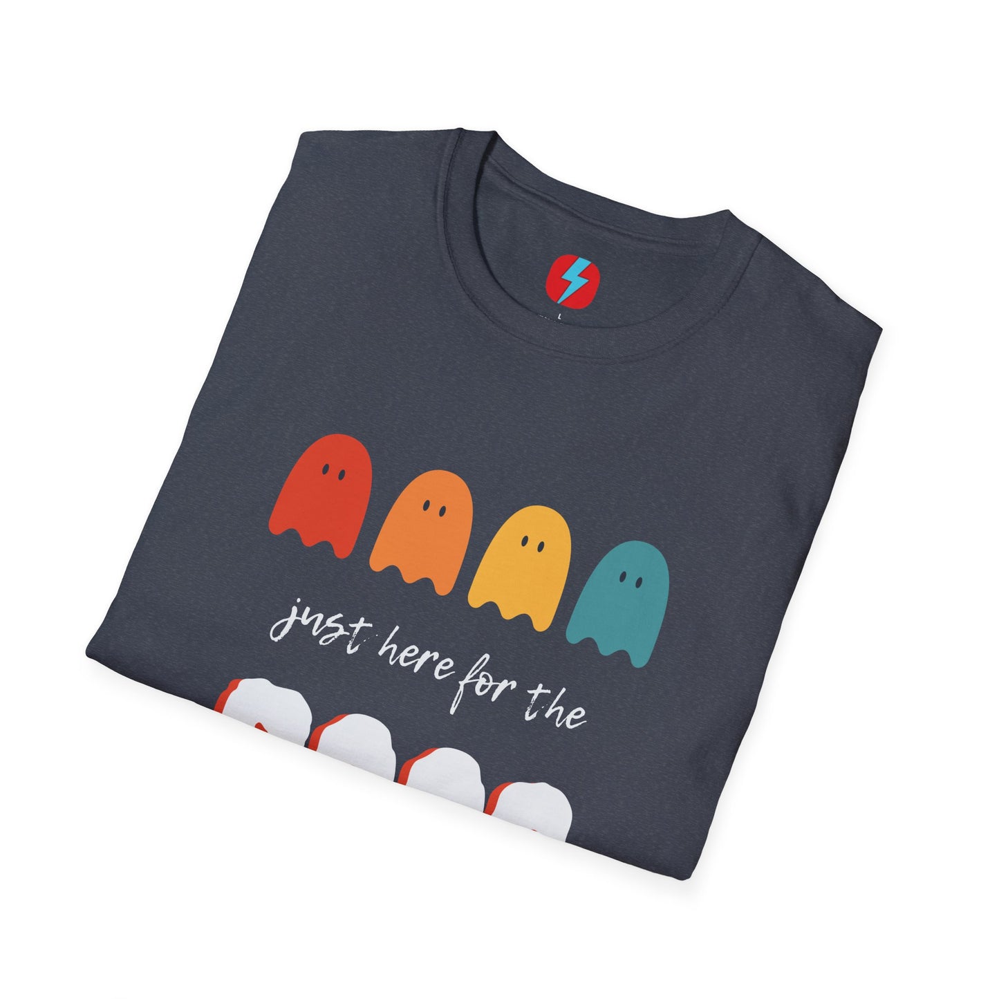 The "Just Here for the Boos - Halloween - Unisex Softstyle T-Shirt" by Printify is a blue, unisex tee with a playful Halloween theme. It features four ghost icons in red, orange, yellow, and green, followed by the text "just here for the BOOS" with "BOOS" styled in a bold and spooky font. Perfect for embracing the spooky season!