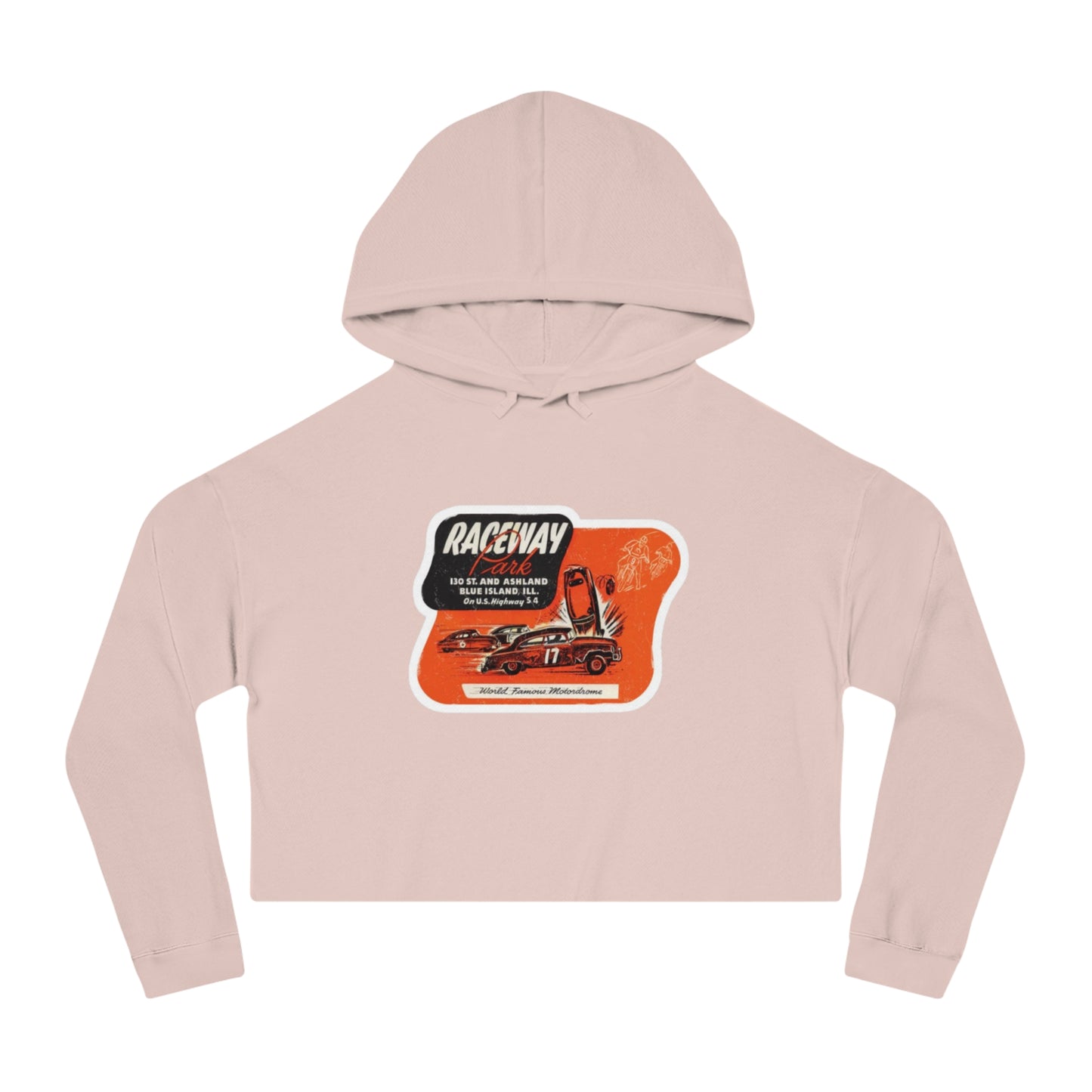 The Raceway Park - Blue Island, IL Women's Cropped Hooded Sweatshirt by Printify features an eye-catching camouflage pattern with a bold red and black "Raceway Park" graphic. Perfect for car enthusiasts, it is adorned with images of cars and text that celebrate a fictional race and hot rod theme, capturing the spirit of Blue Island racers.